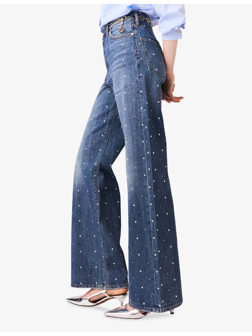 Stud-Embellished Wide-Leg High-Rise Stretch-Denim Jeans - 4