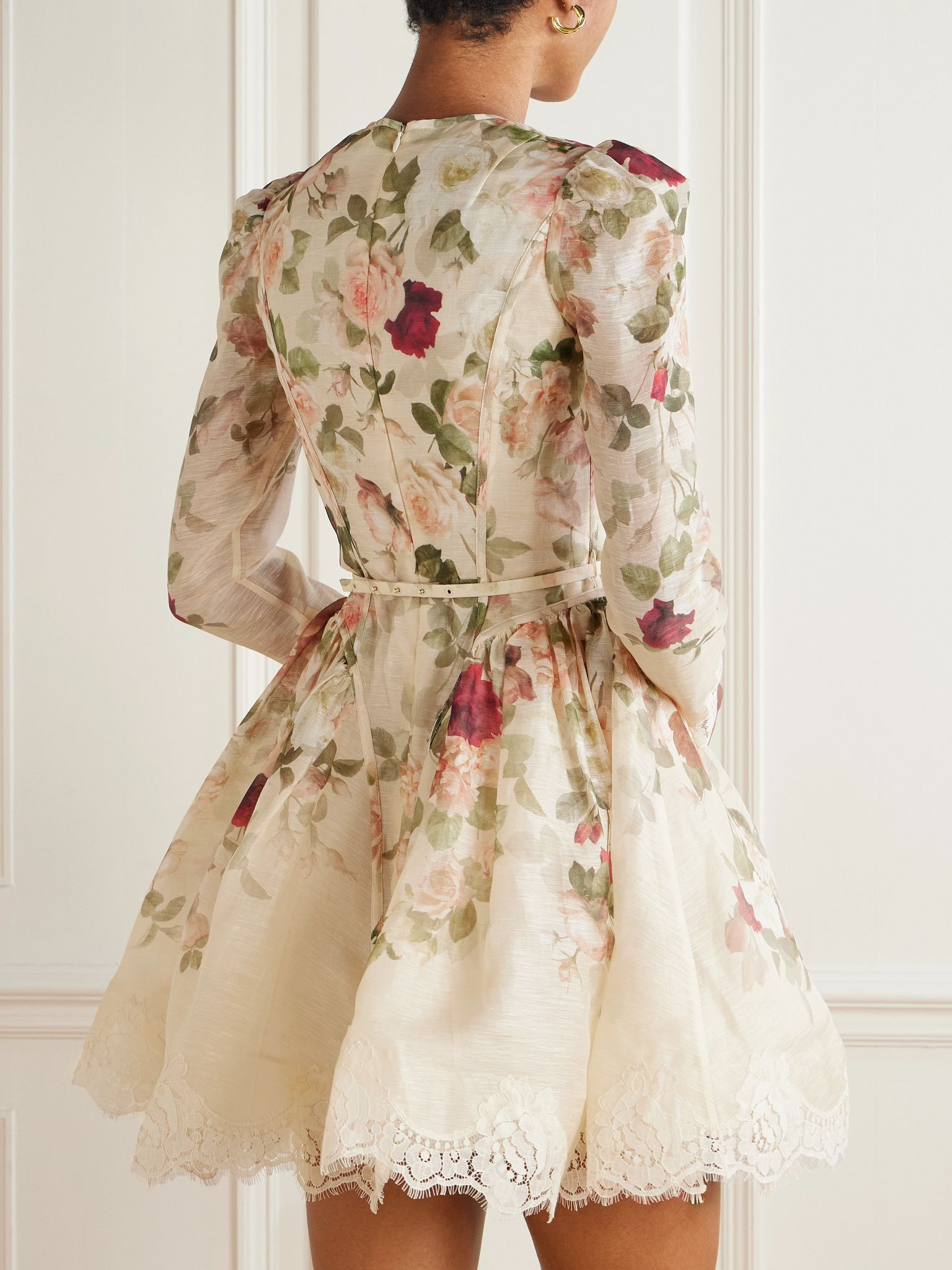 Lace-trimmed floral-print linen and silk-blend mini dress Cream - 3