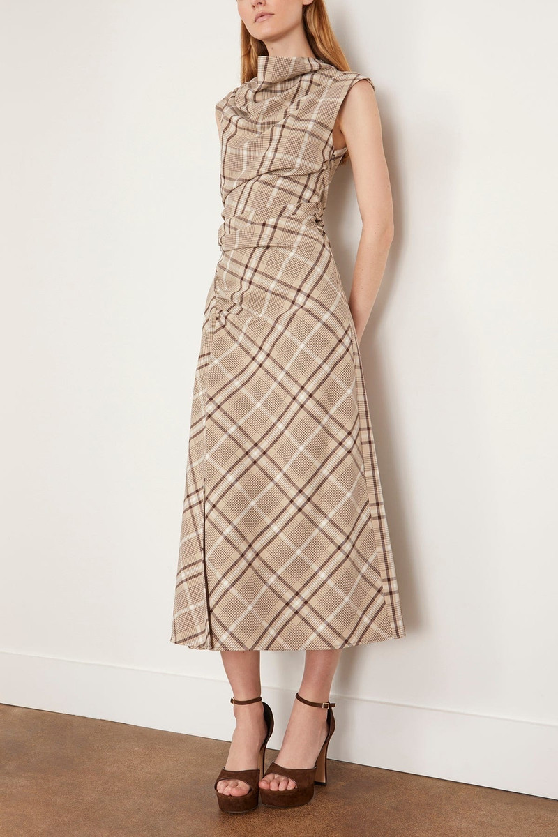 Burke Sleeveless Draped Midi Dress in Sand Plaid 3