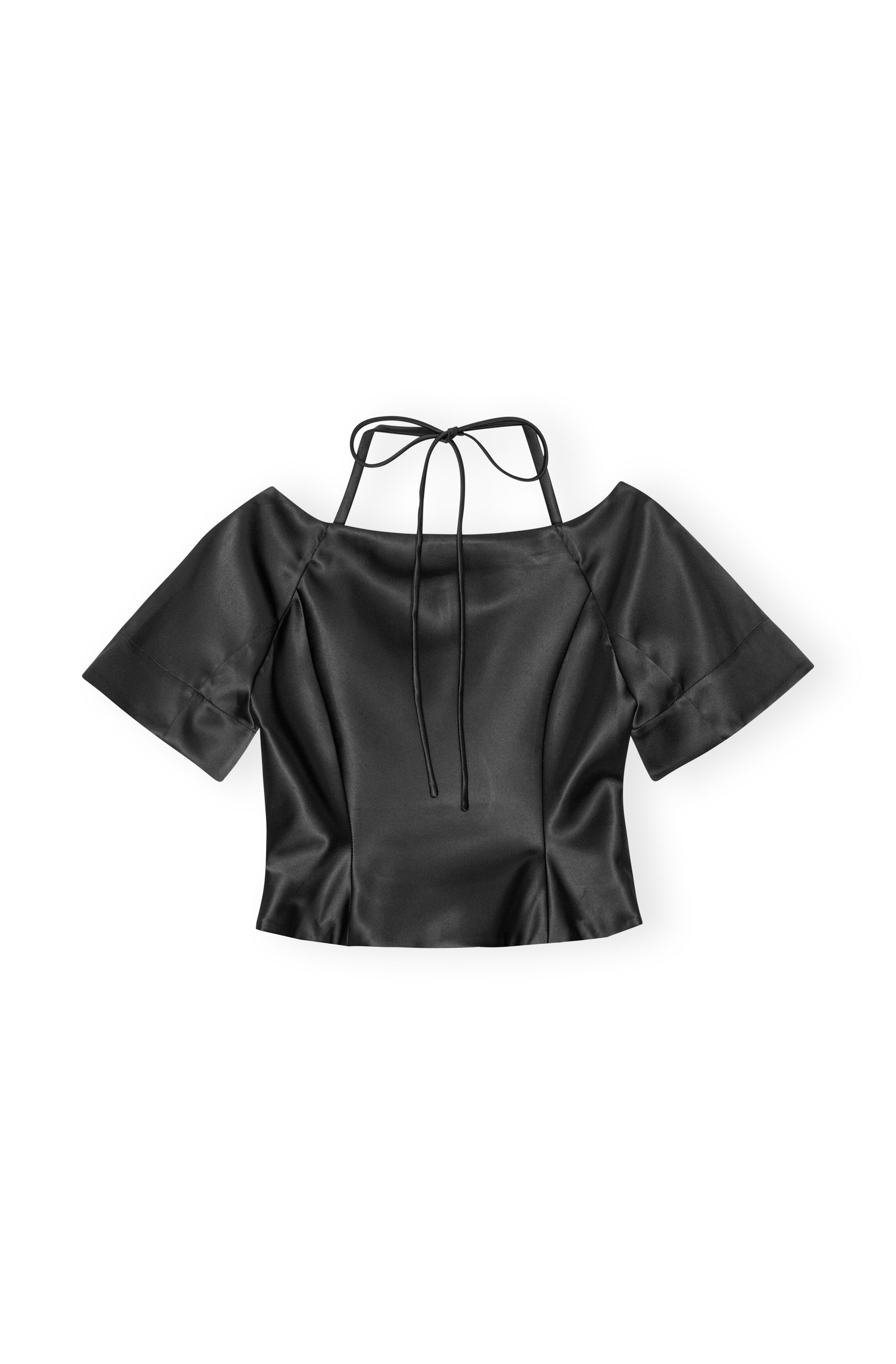 BLACK DOUBLE SATIN FITTED OPEN-NECK BLOUSE - 1