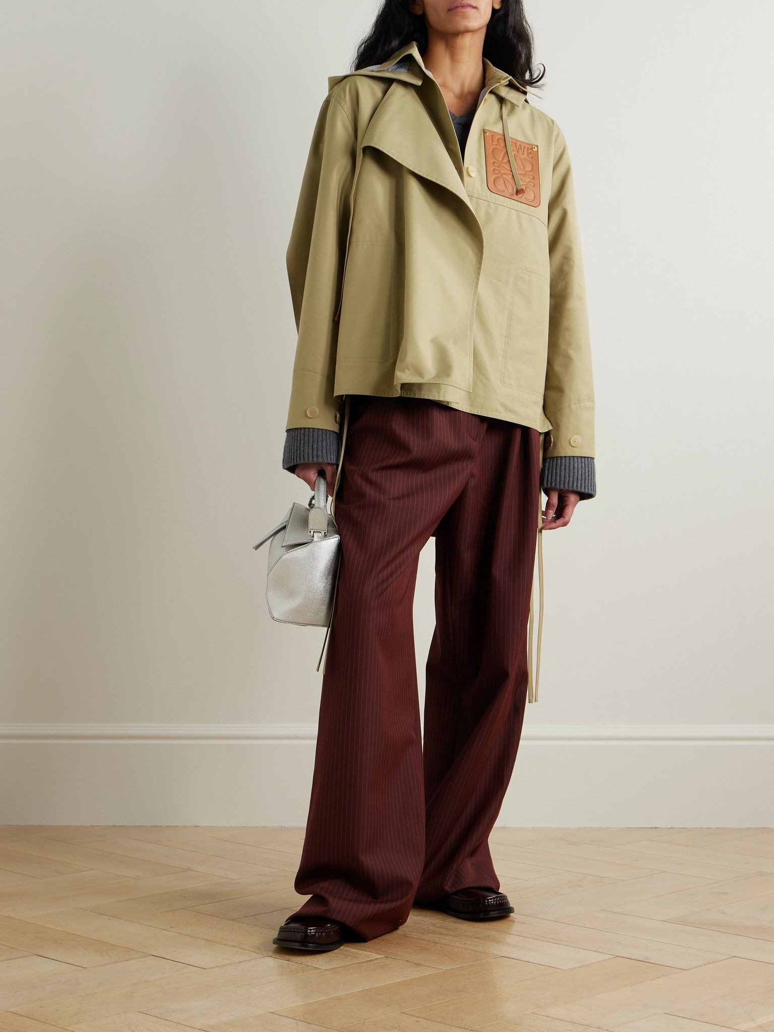 Anagram hooded cutout leather and poplin-trimmed cotton-gabardine jacket Tan - 2