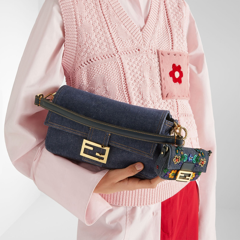 Baguette® Dark blue denim and blue denim-effect FF jacquard bag 10