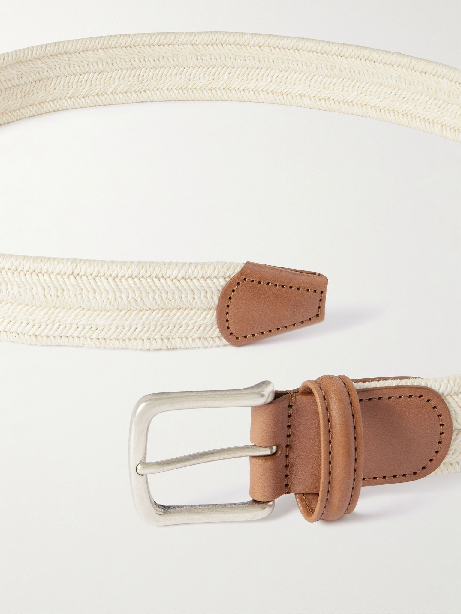 Leather-Trimmed Woven Cord Belt Cream - 2