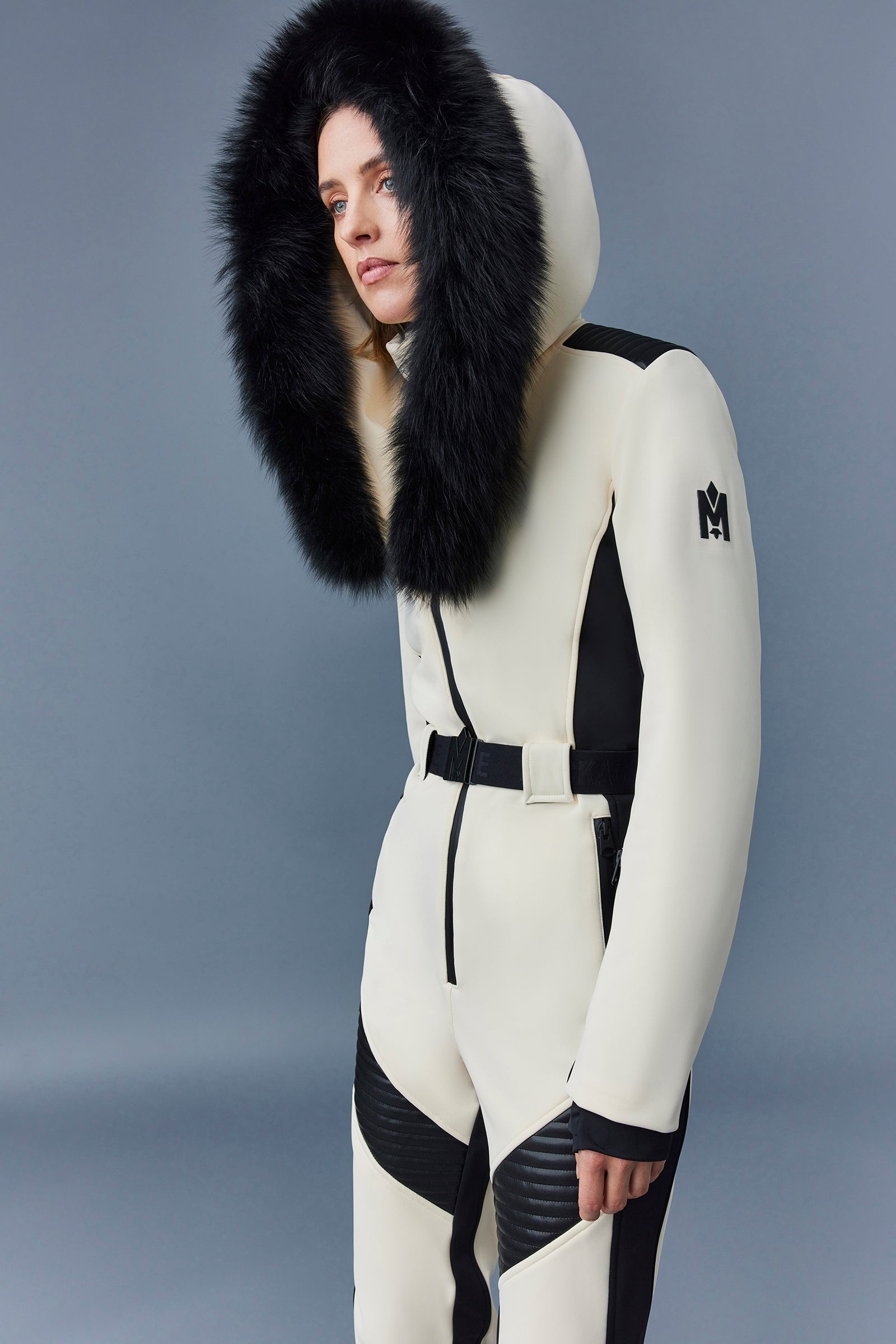 MACKAGE ELLE-Z Techno fleece ski suit with removable hood and fur trim |  REVERSIBLE