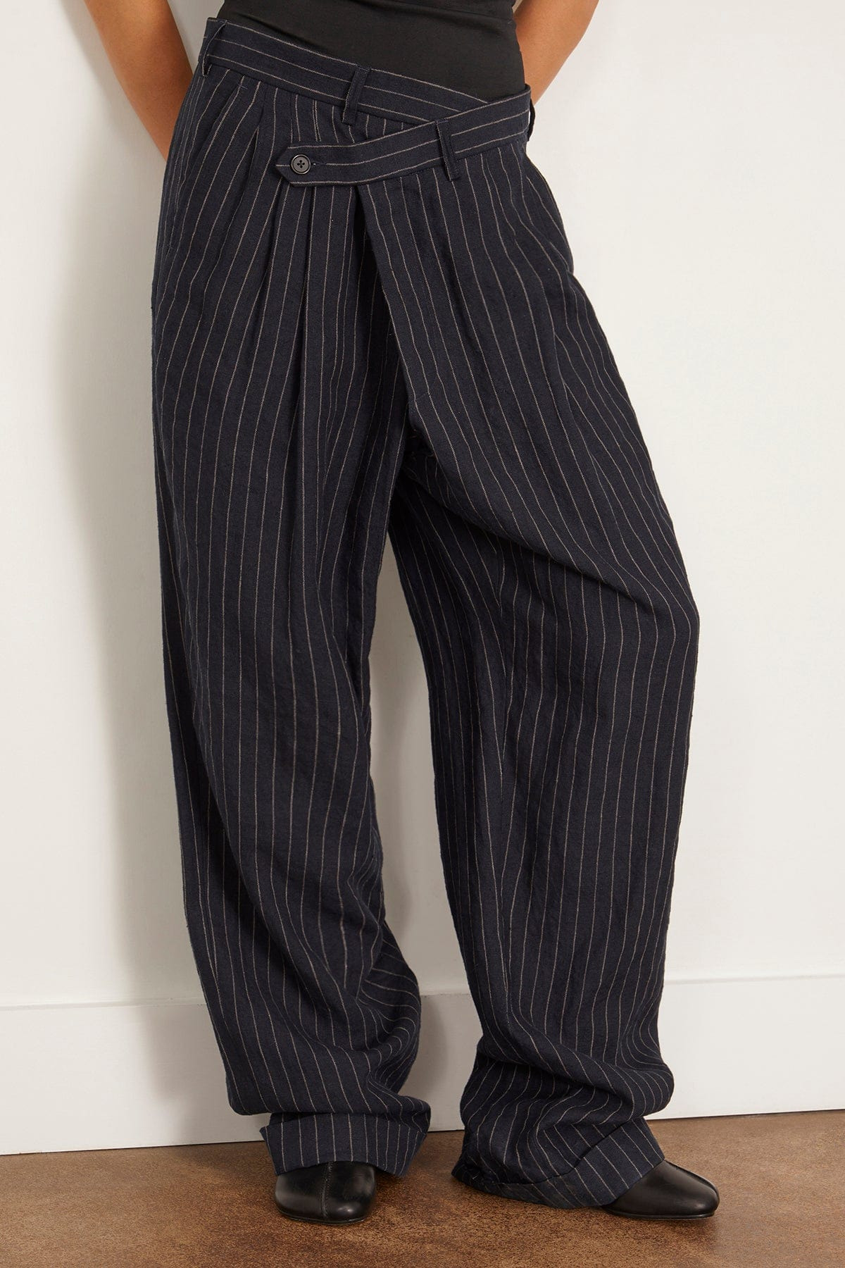 Triple Pleat Crossover Trouser in Dark Navy Stripe - 3