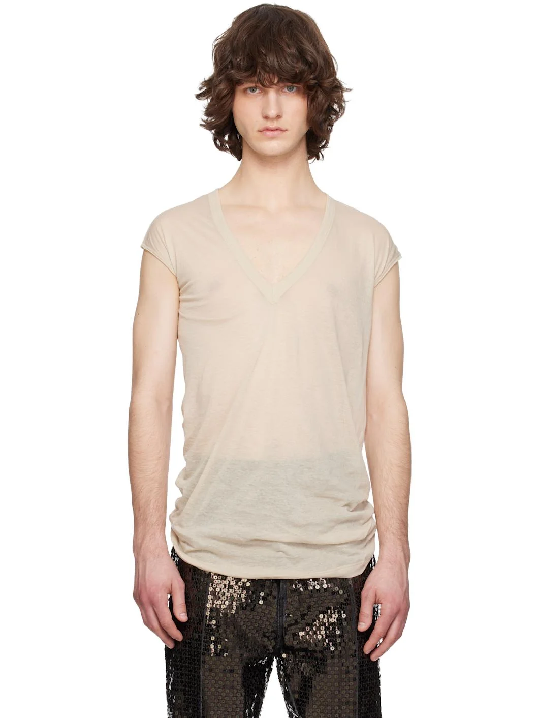 Beige Temple Deep V SL T-shirt - 1