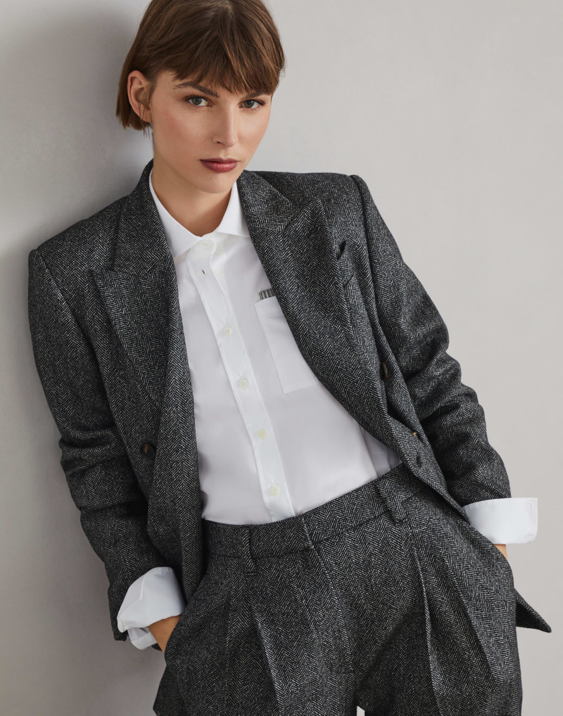 Brushed techno wool chevron blazer with monili 4
