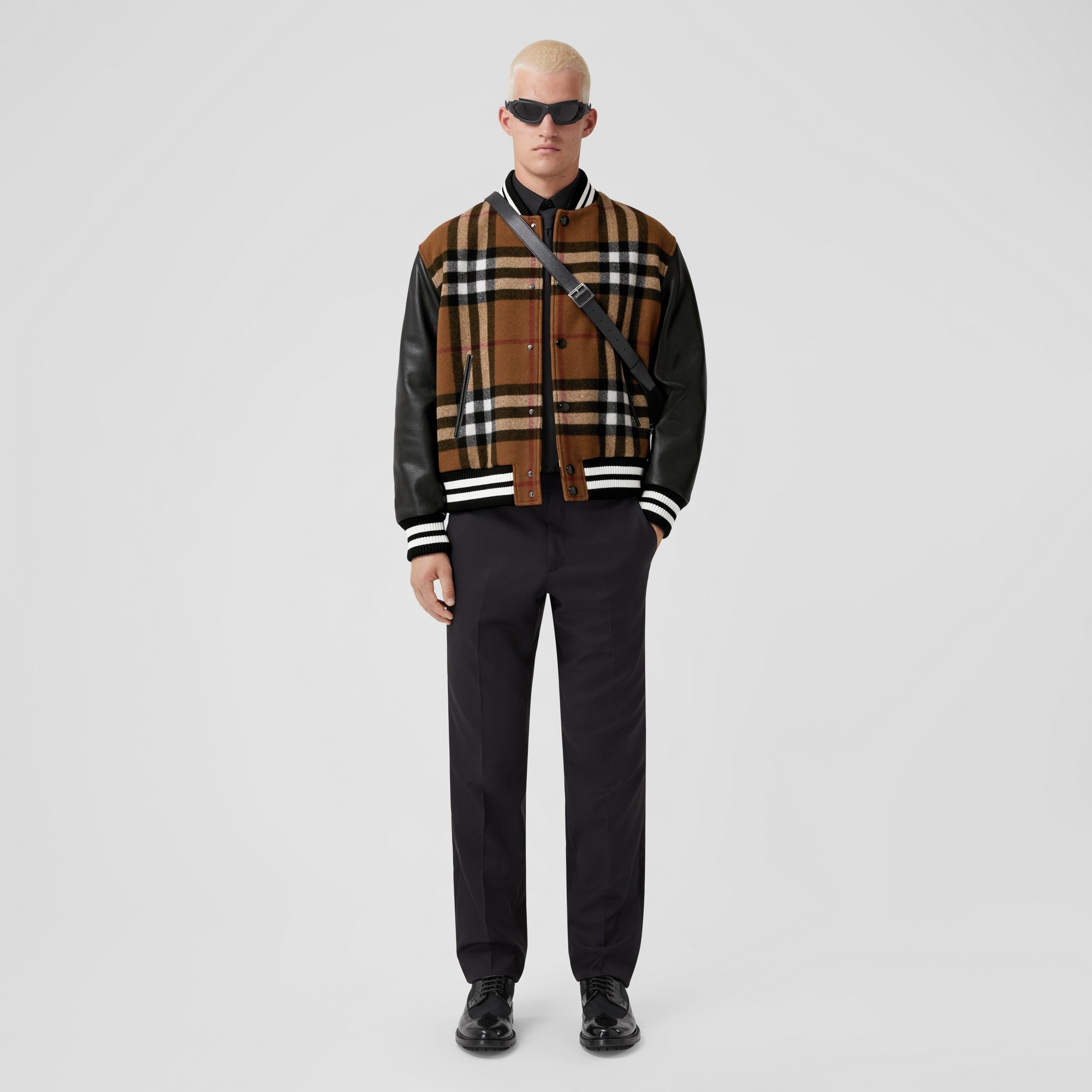 Check Technical Wool and Leather Bomber Jacket - 5