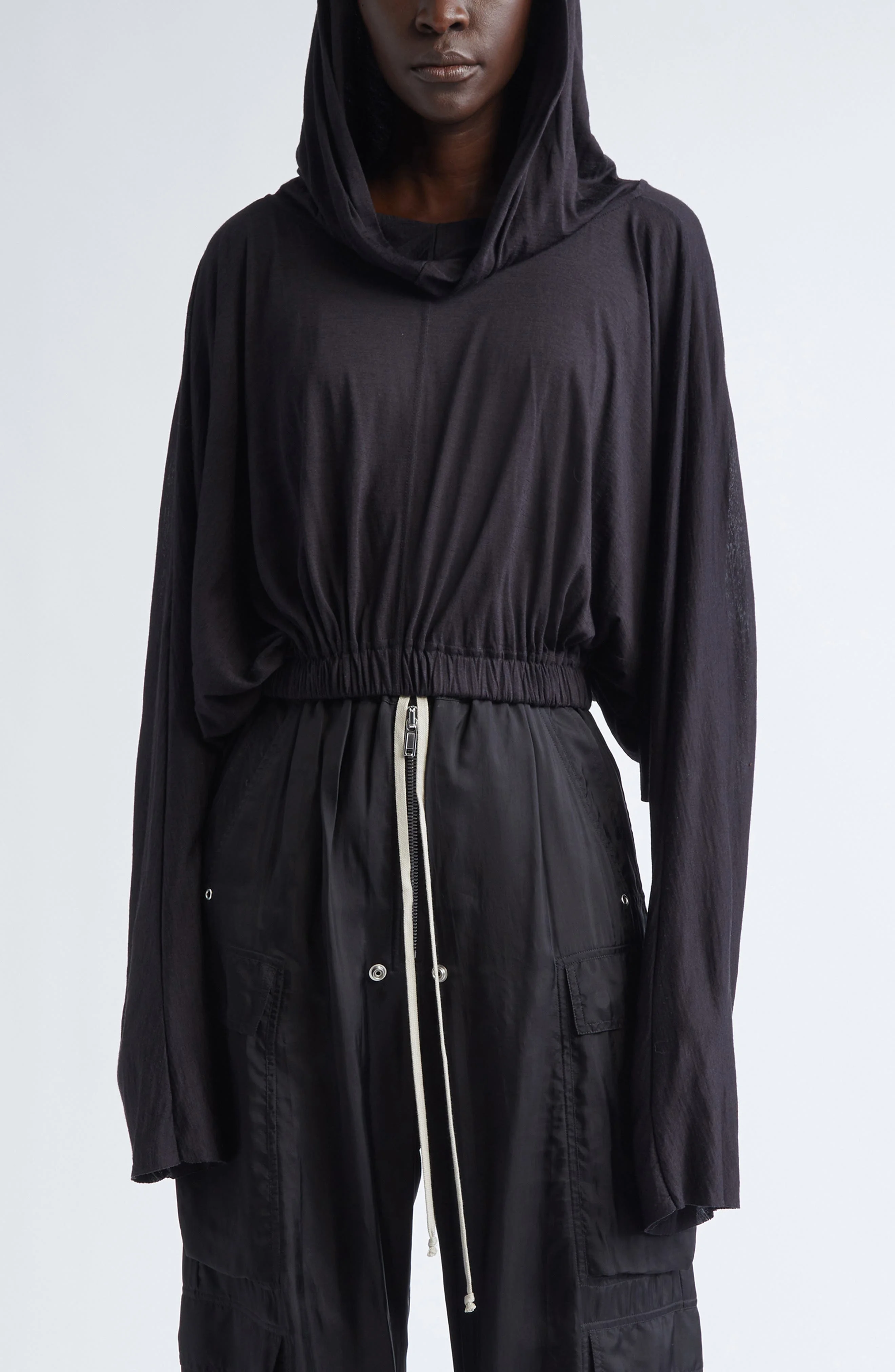 Rick Owens Crop Virgin Wool & Silk Hoodie in Black at Nordstrom - 1