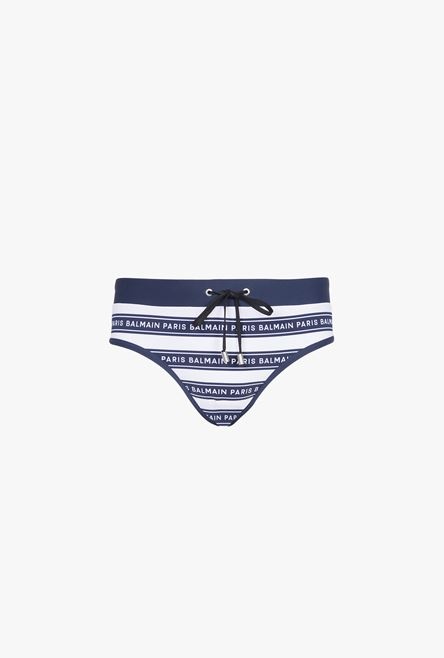 Bicolor white and dark blue swim briefs with Balmain monogram - 1