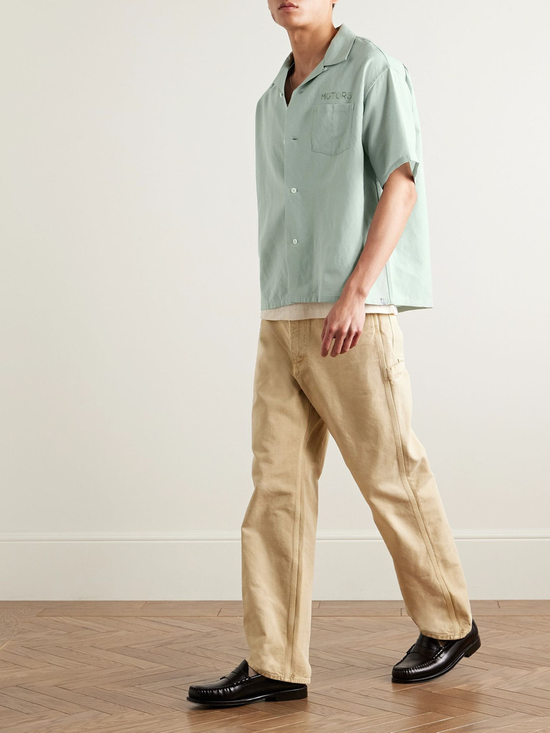 visvim Crosby Convertible-Collar Embroidered Wool and Linen-Blend Shirt Blue outlook