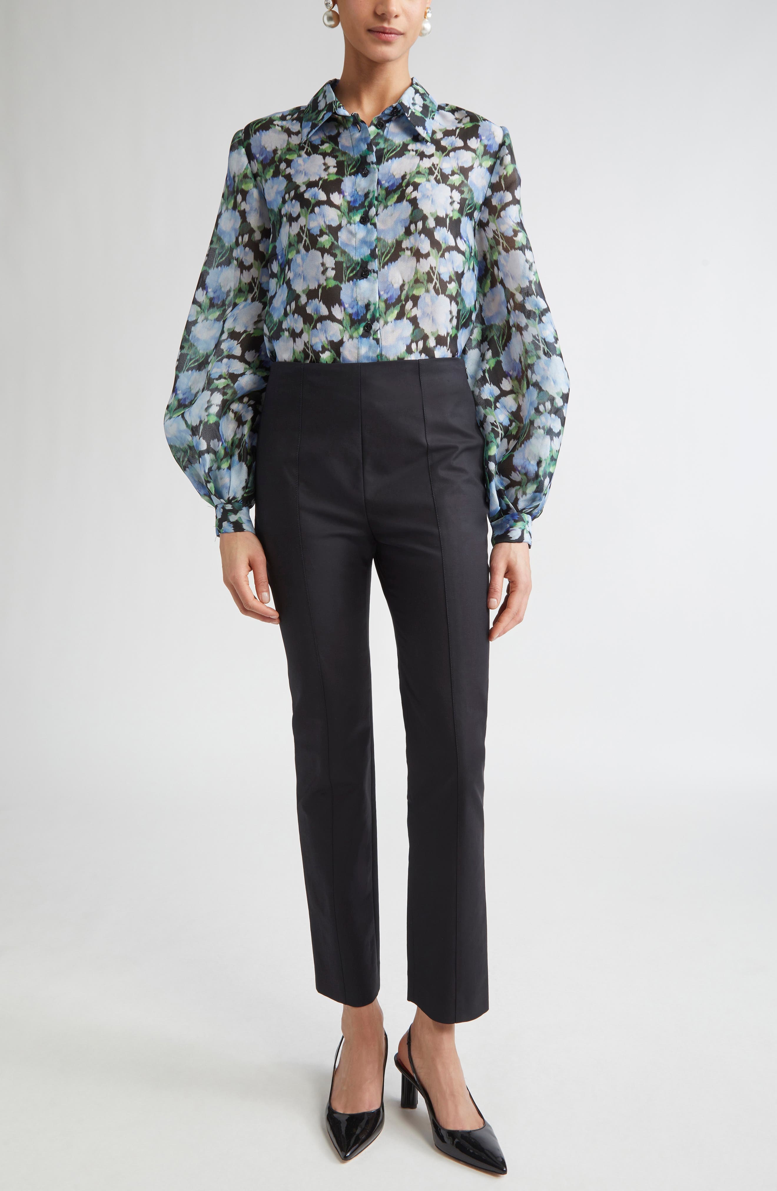 Carolina Herrera Peony Print Silk Organza Button-Up Shirt in Blue Multi at Nordstrom - 2
