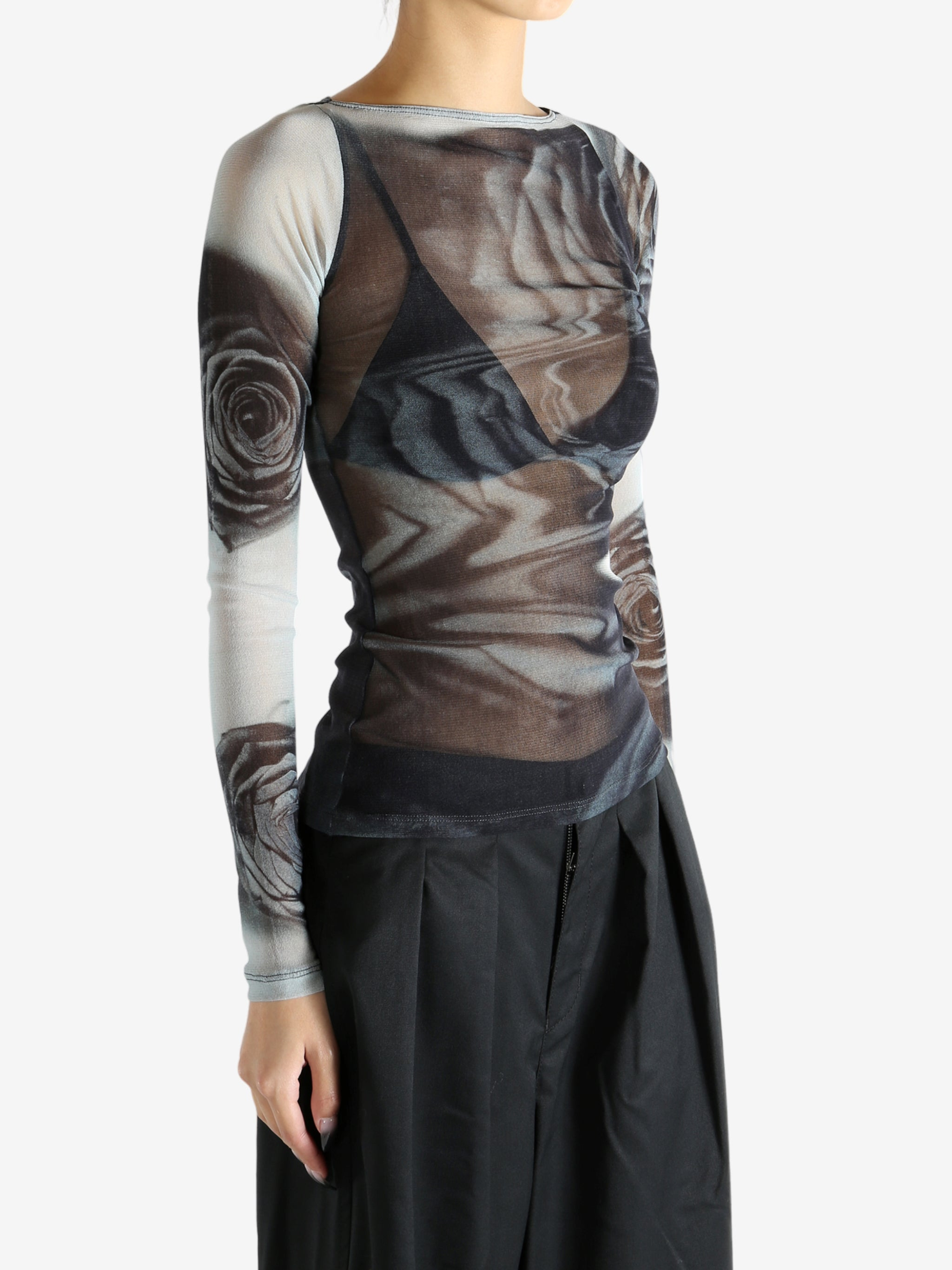 JEAN PAUL GAULTIER - Women Mesh Boat L.S. "Blurry Roses" Neck Top - 2