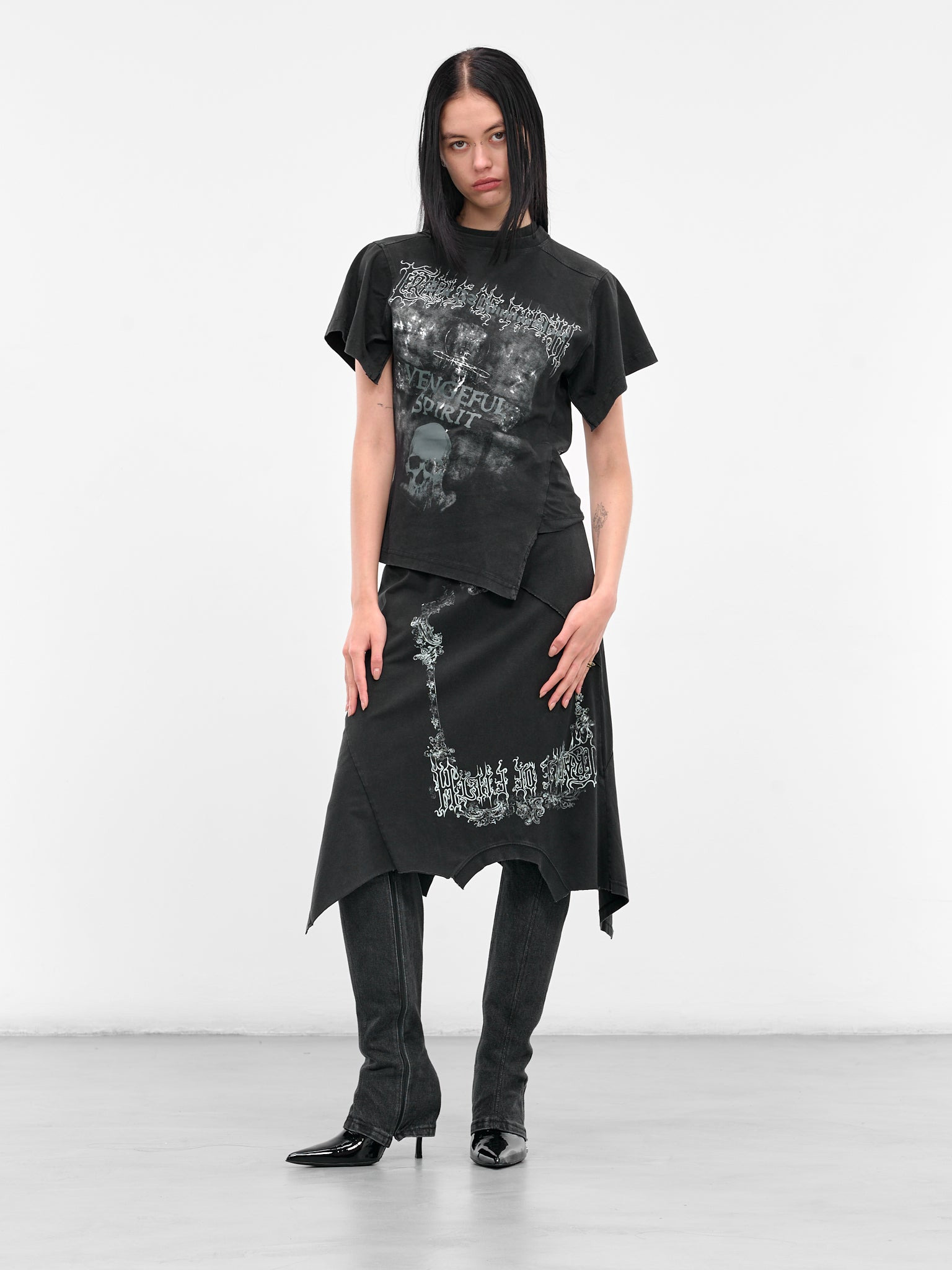 Black Deconstructed Graphic T-Shirt Skirt - 6