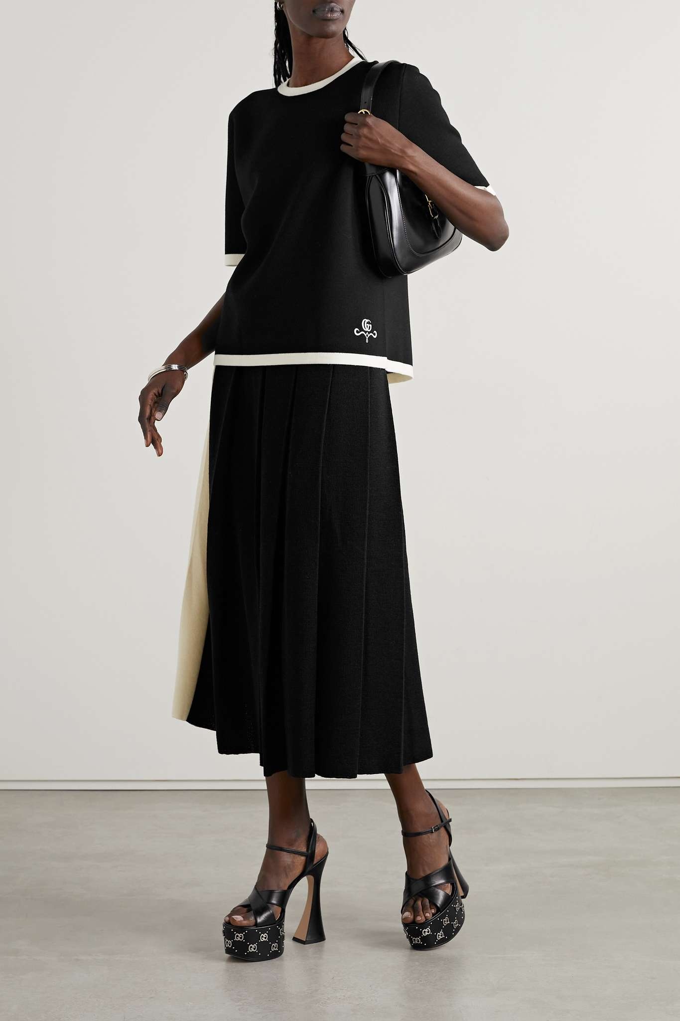 Two-tone embroidered wool-piqué top - 2