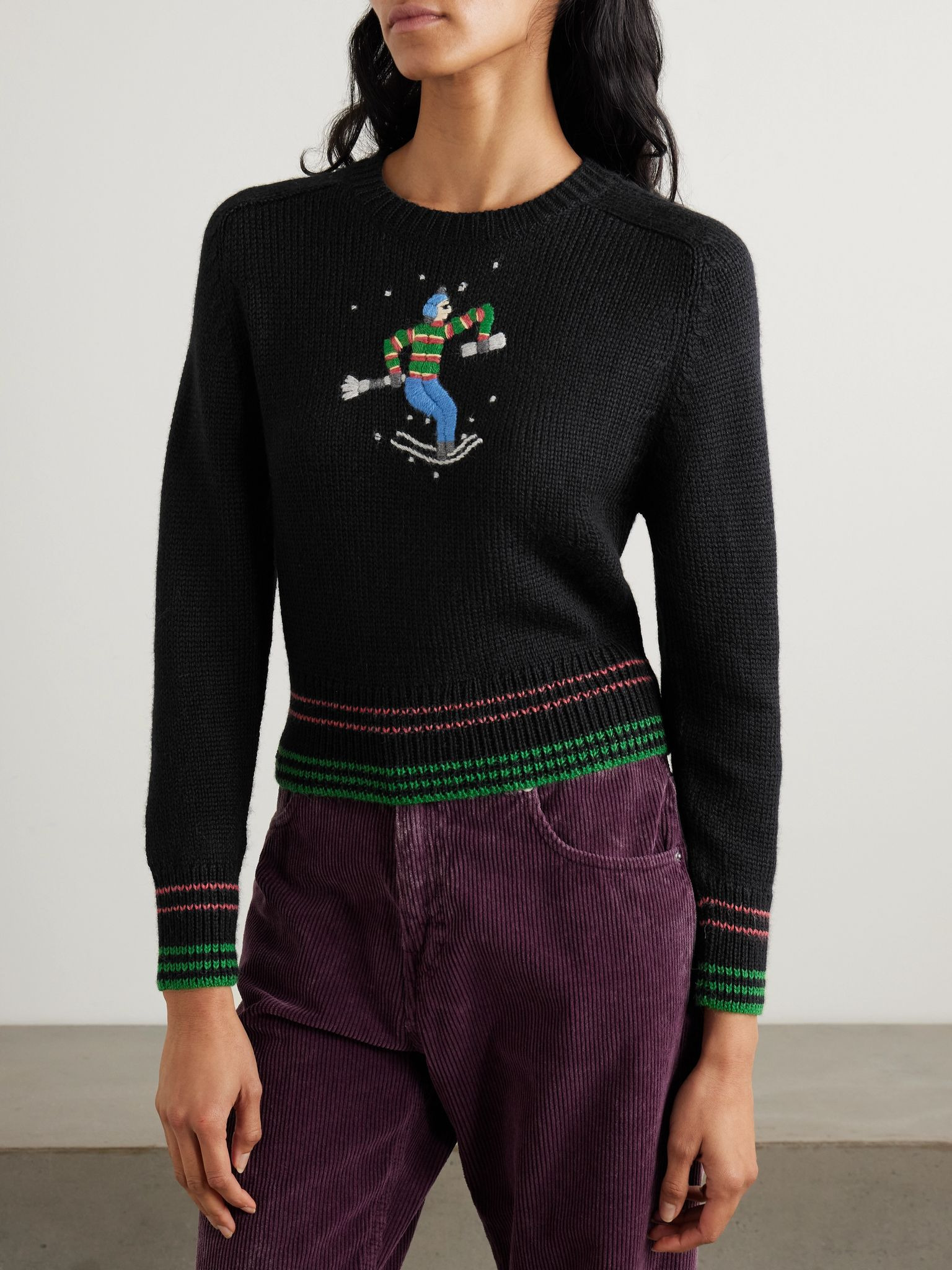 Ski Run cropped embroidered striped alpaca sweater Black - 3