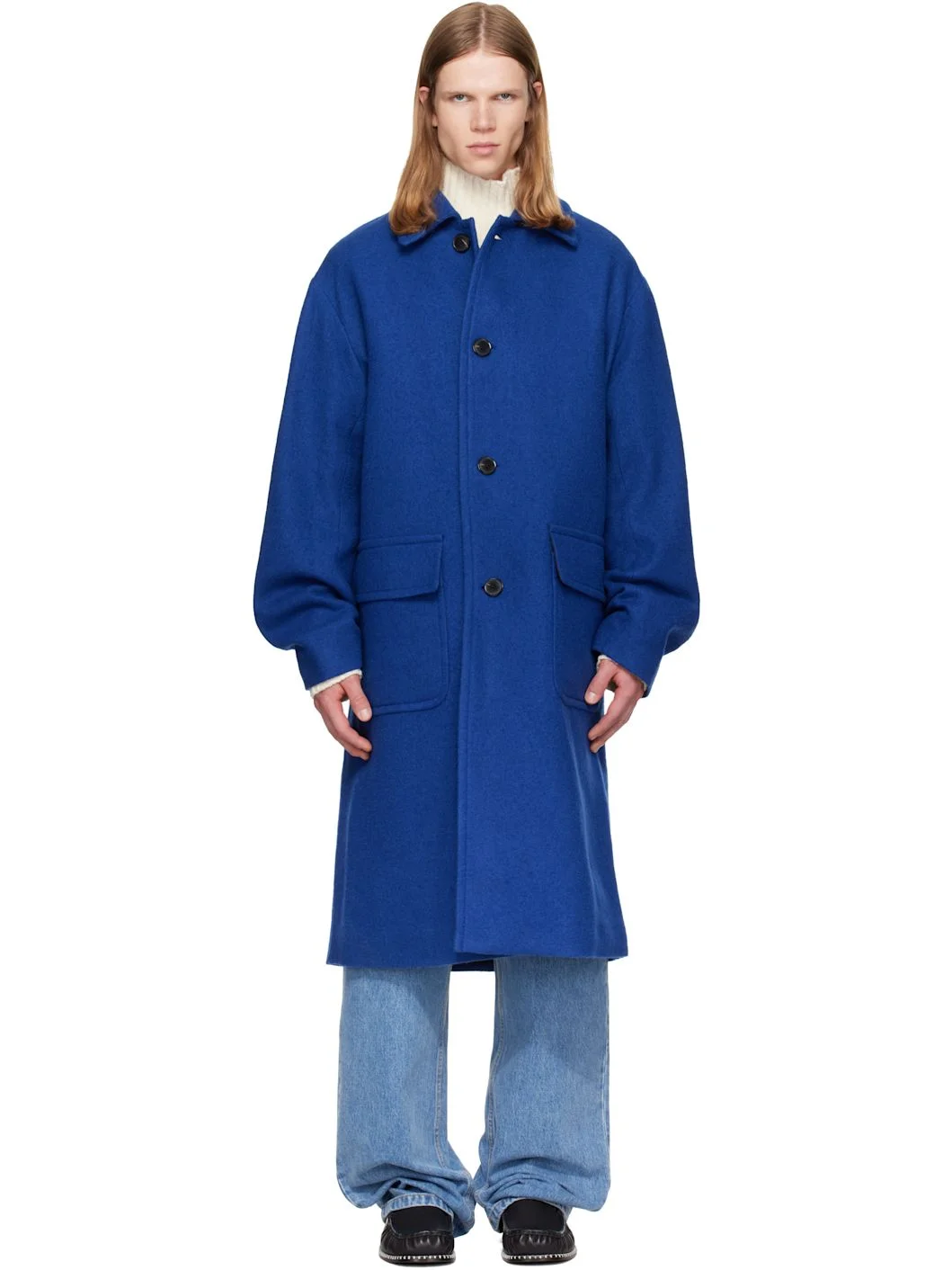 Blue Single-Breasted Wool Coat - 1