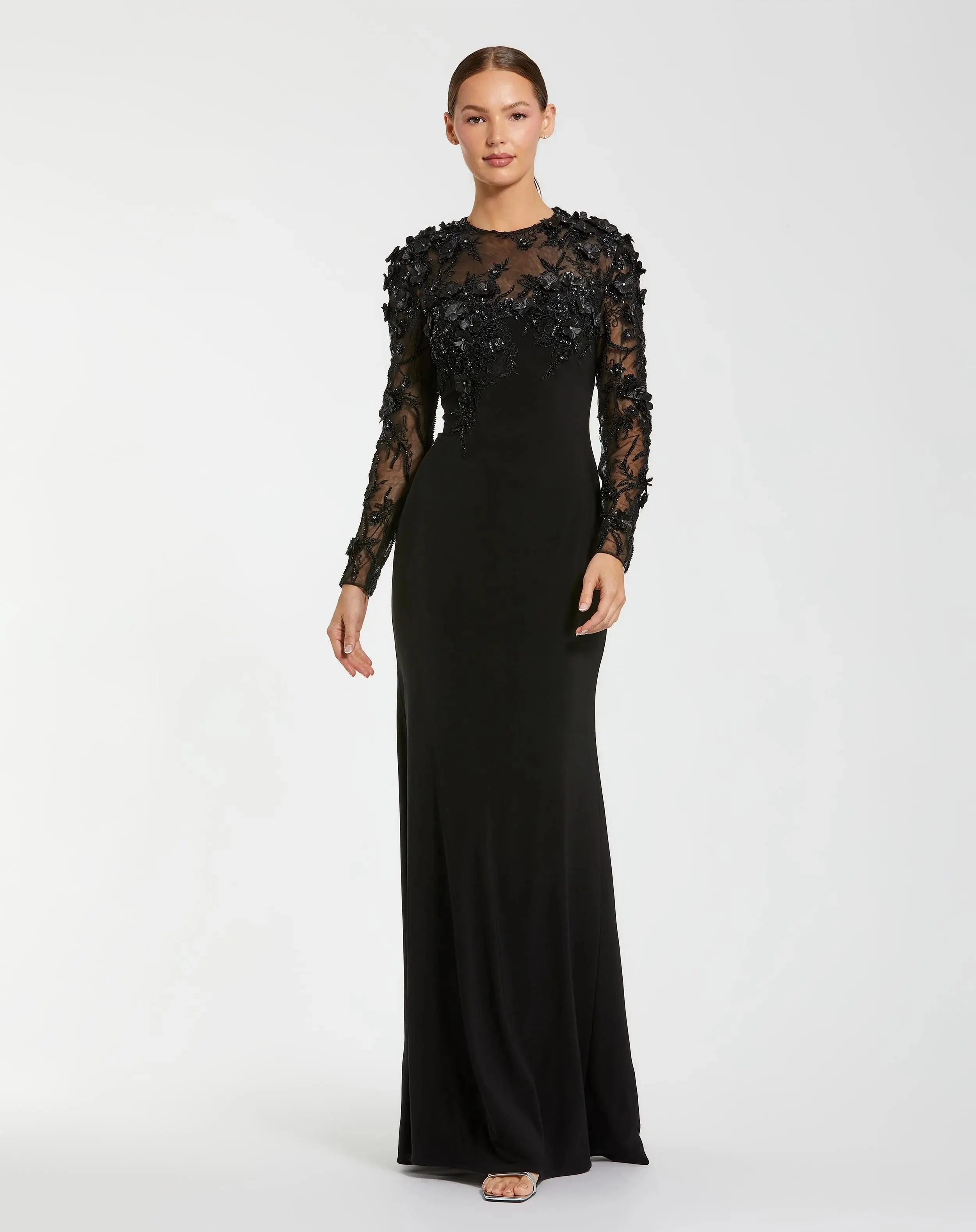 Black Long Sleeve Floral Embellished Column Gown - 1