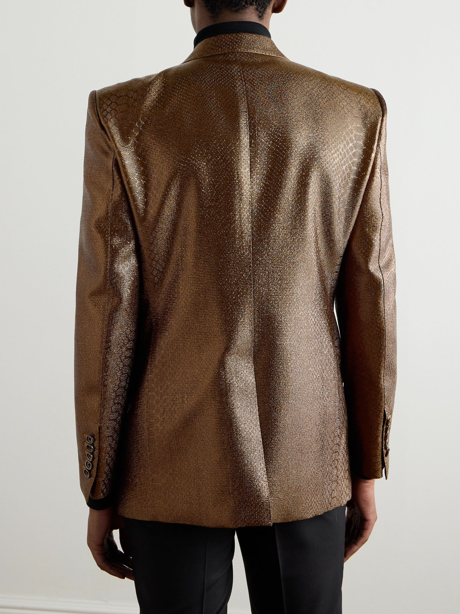 Slim-Fit Croc-Effect Coated Wool-Blend Tuxedo Jacket Brown - 3