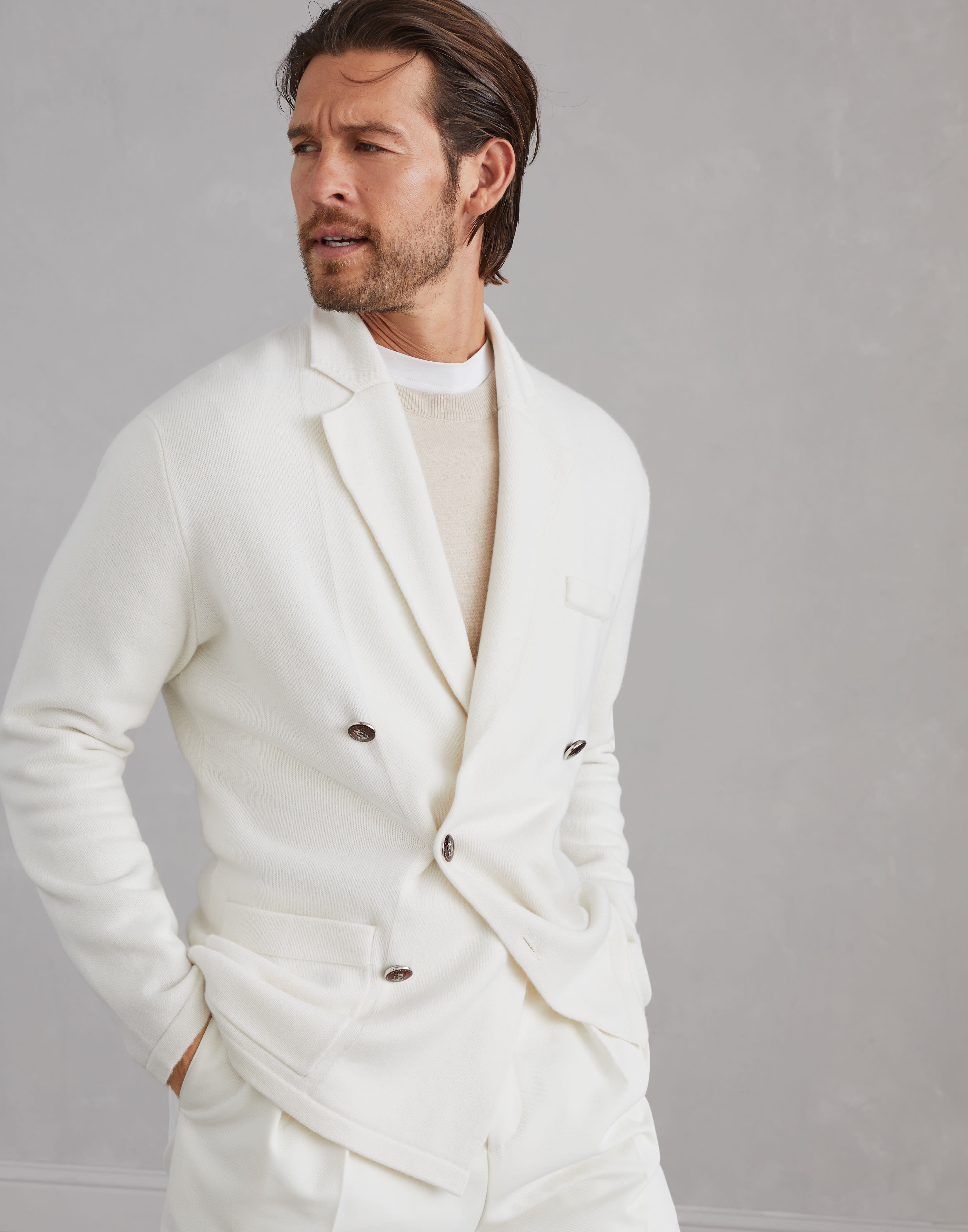 Cashmere one-and-a-half-breasted blazer-style cardigan with metal buttons - 1