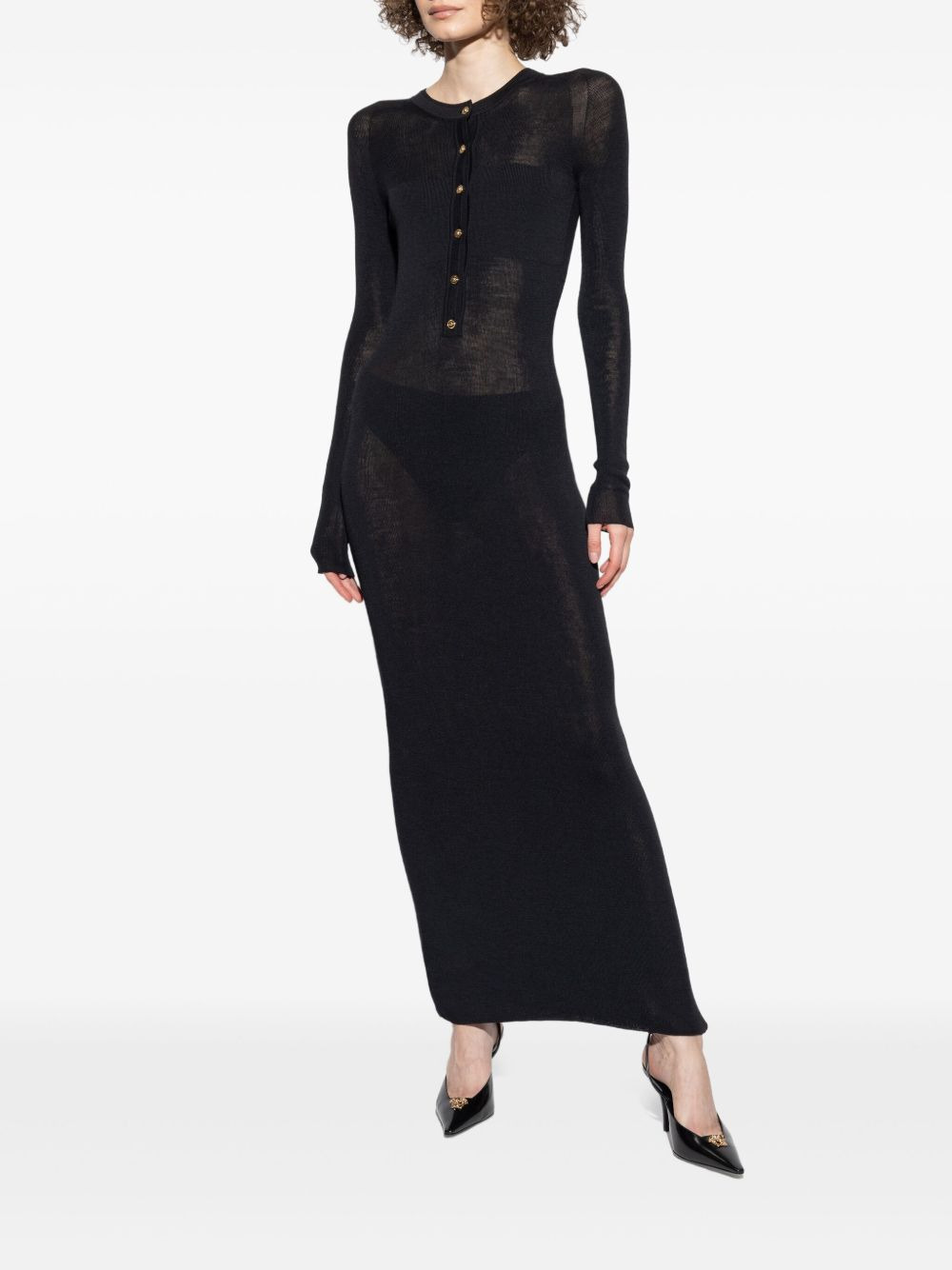 lace-insert button-front midi dress - 3
