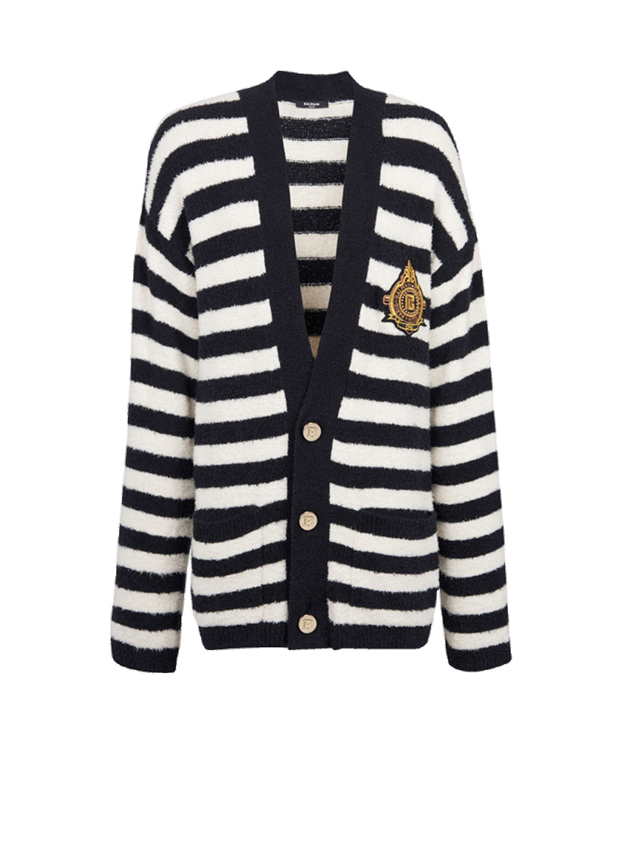 Cotton cardigan with strippes and Balmain badge - 1