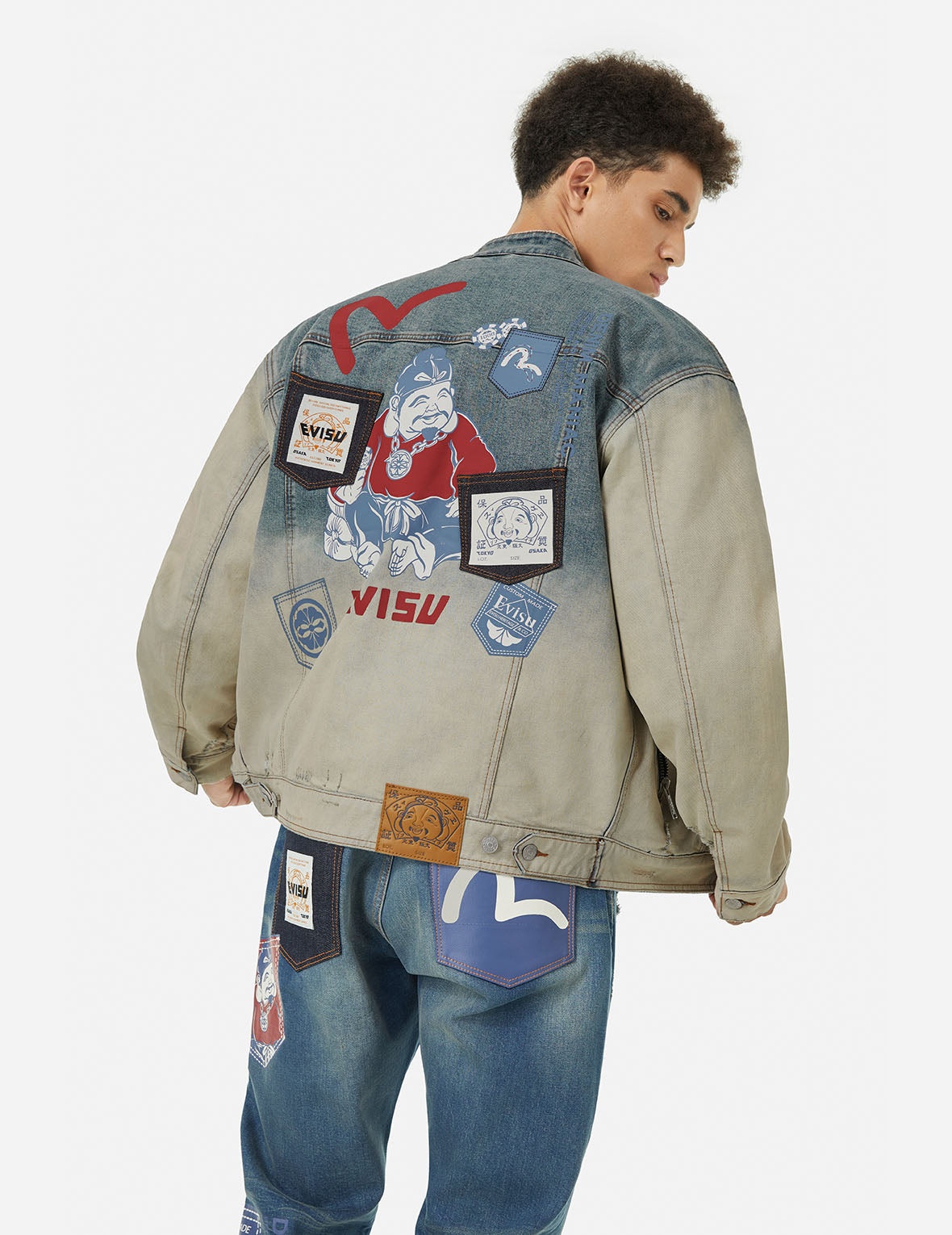 Ebisu Print and Multi-Pocket Loose Fit Biker Denim Jacket - 5