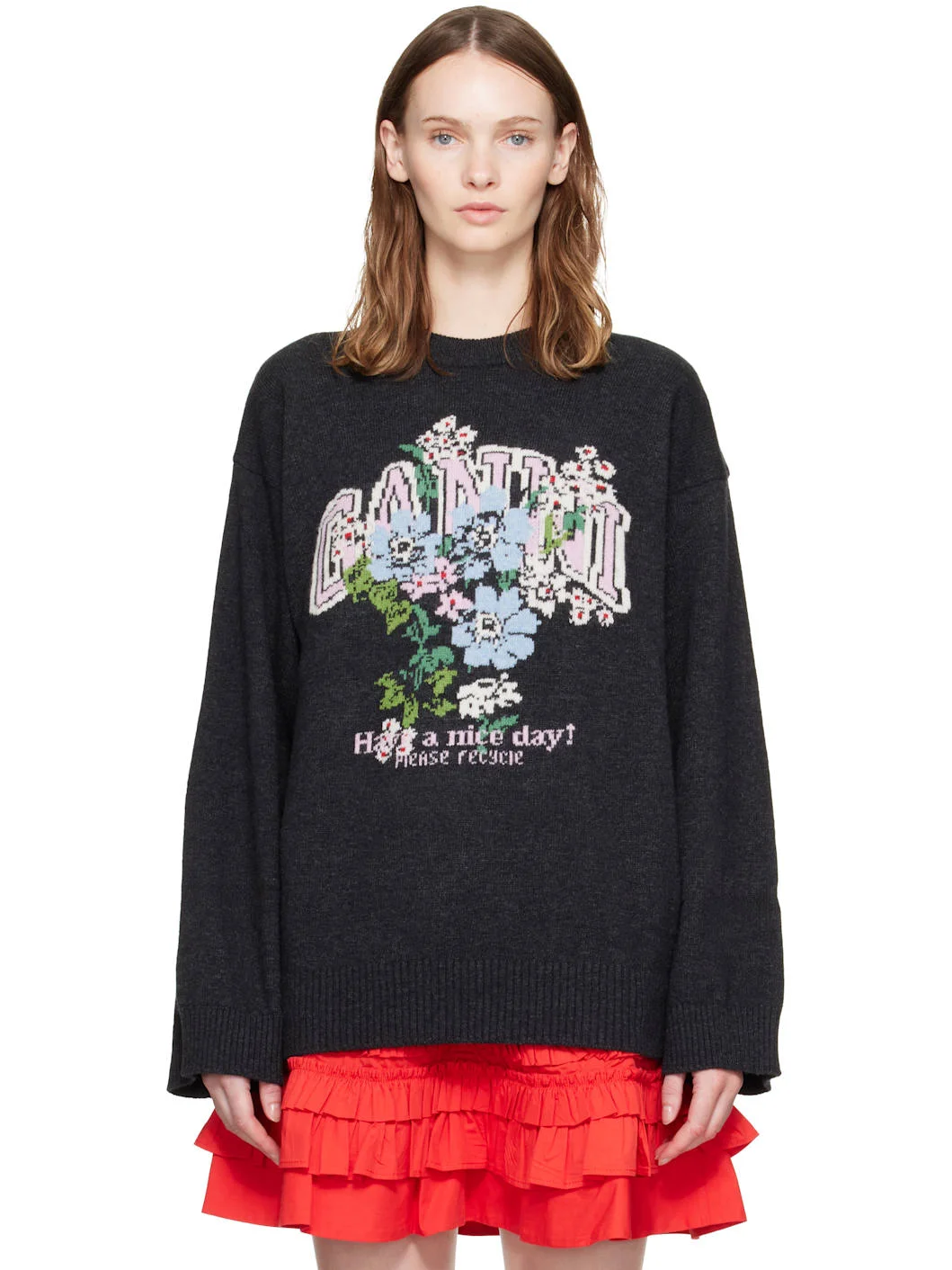 Black Wool Flowers Oversized Sweater - 1