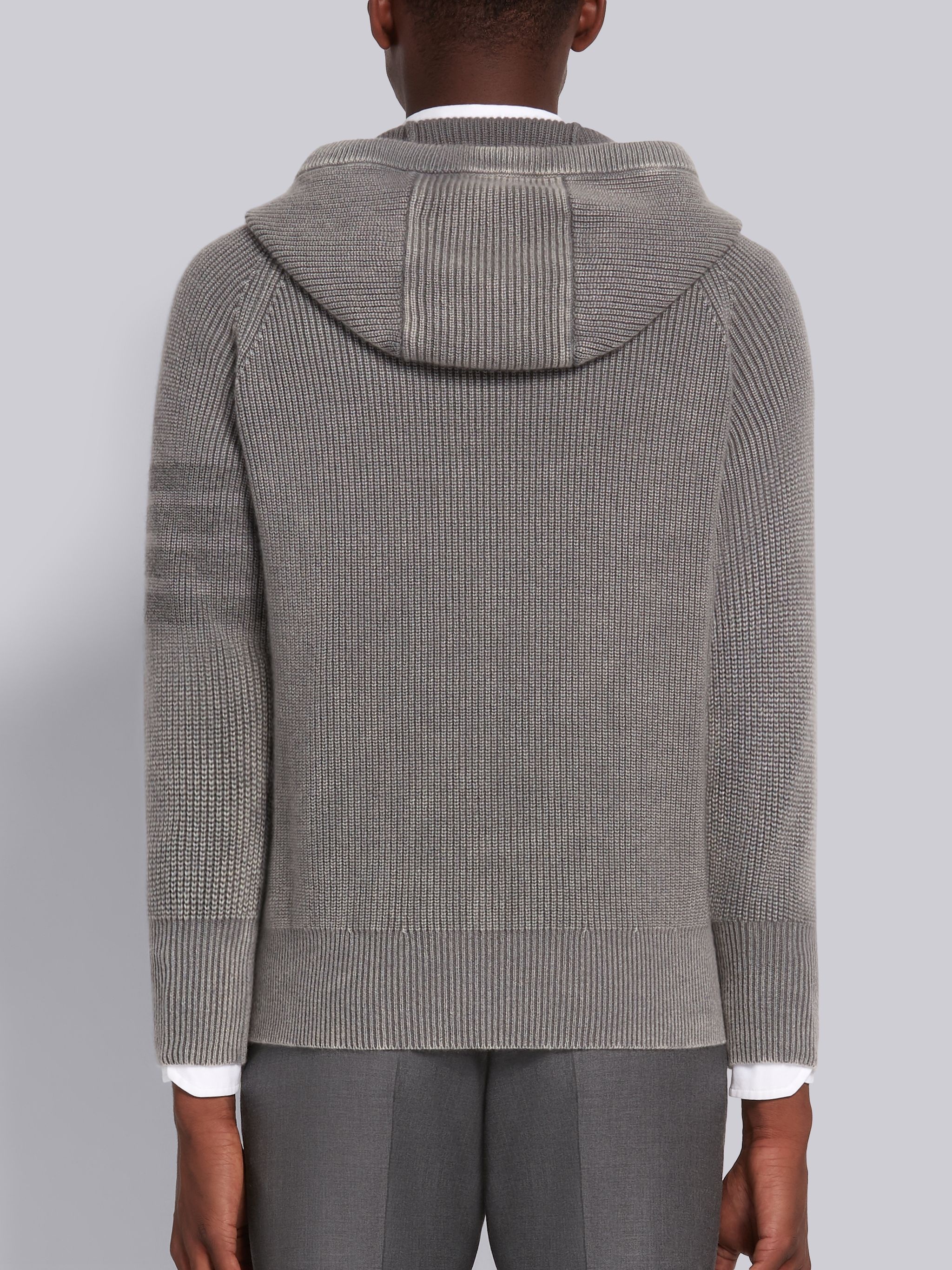 Medium Grey Cashmere Garment Dyed Half Cardigan Stitch Relaxed 4-Bar Pullover Hoodie - 3