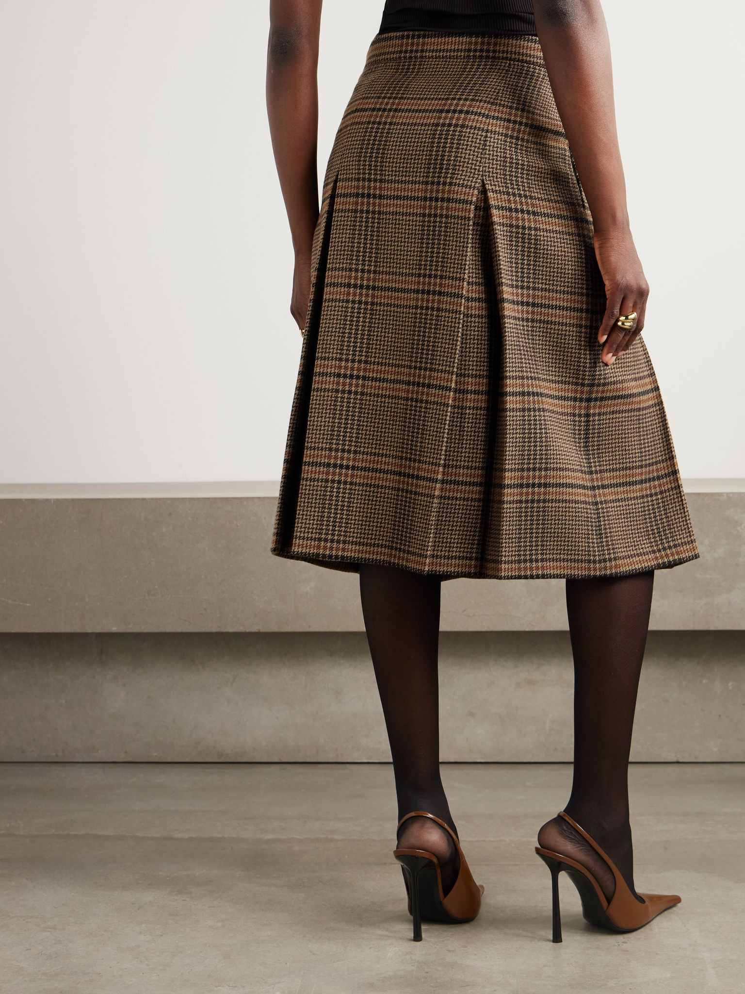 Prince of Wales checked wool midi skirt Brown - 4