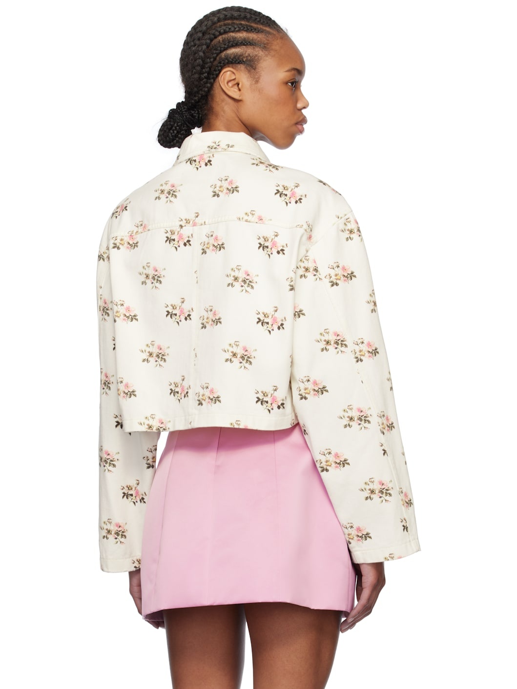 White & Pink Floral Print Rhinestone Pin Denim Jacket - 3