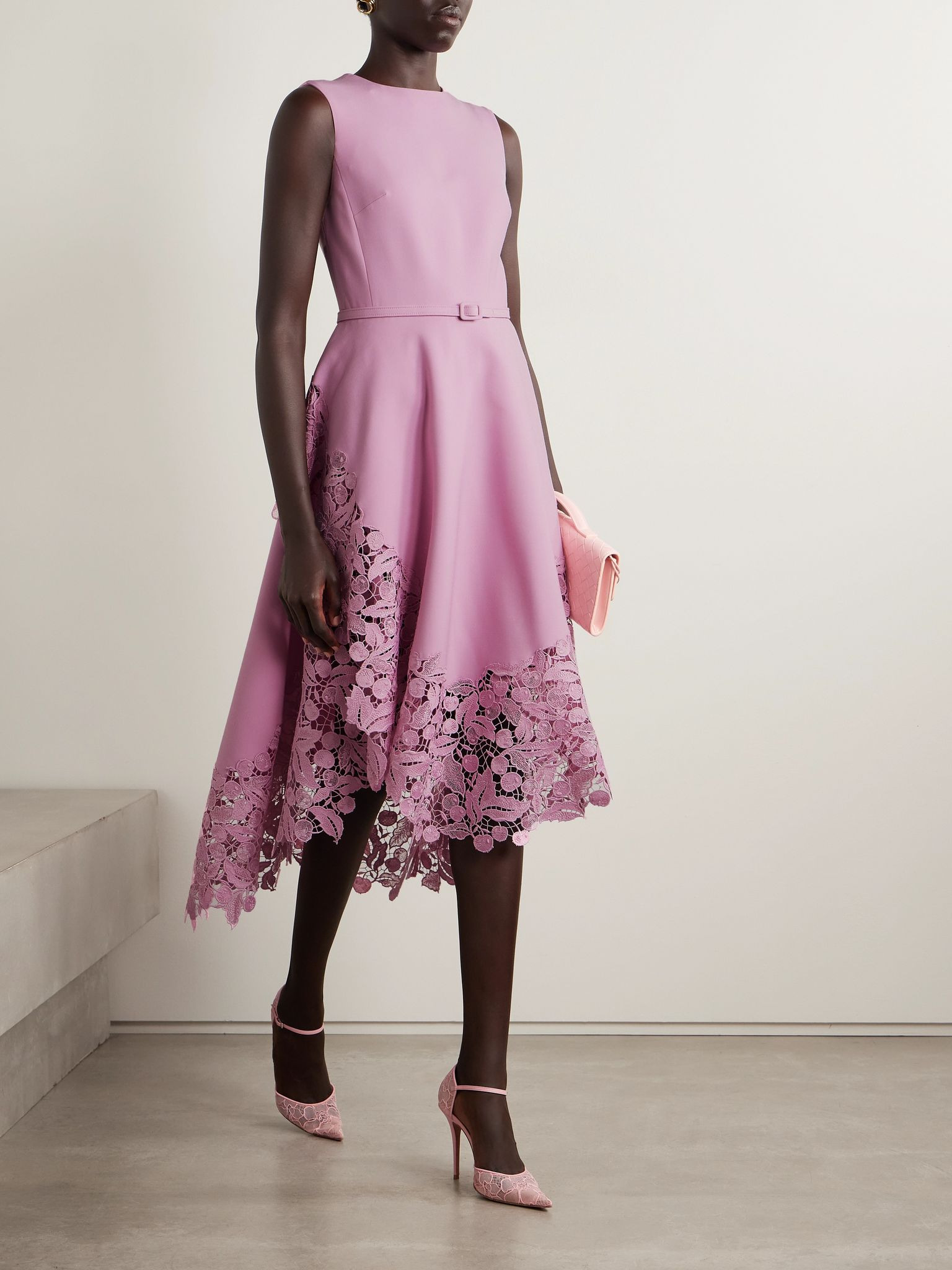 Belted guipure lace-trimmed wool-blend crepe midi dress Pink - 2