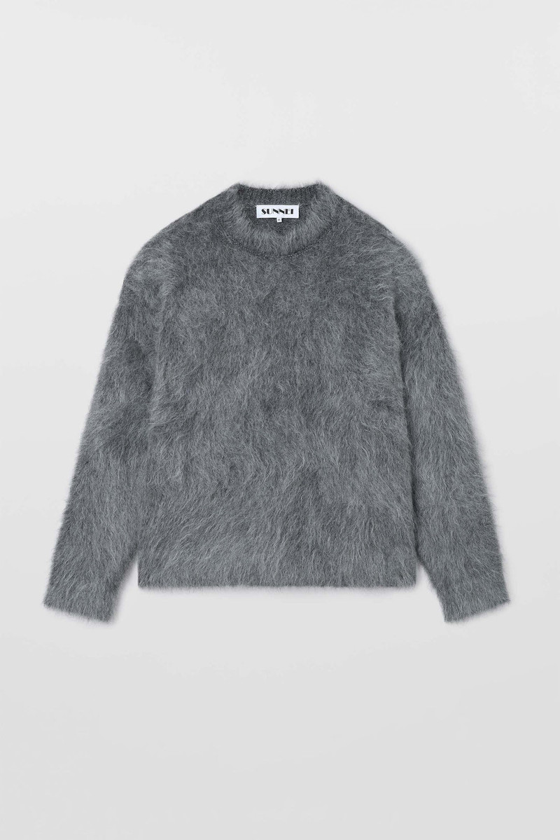 HAIRY KNIT ROUND NECK SWEATER / dark grey melange 1