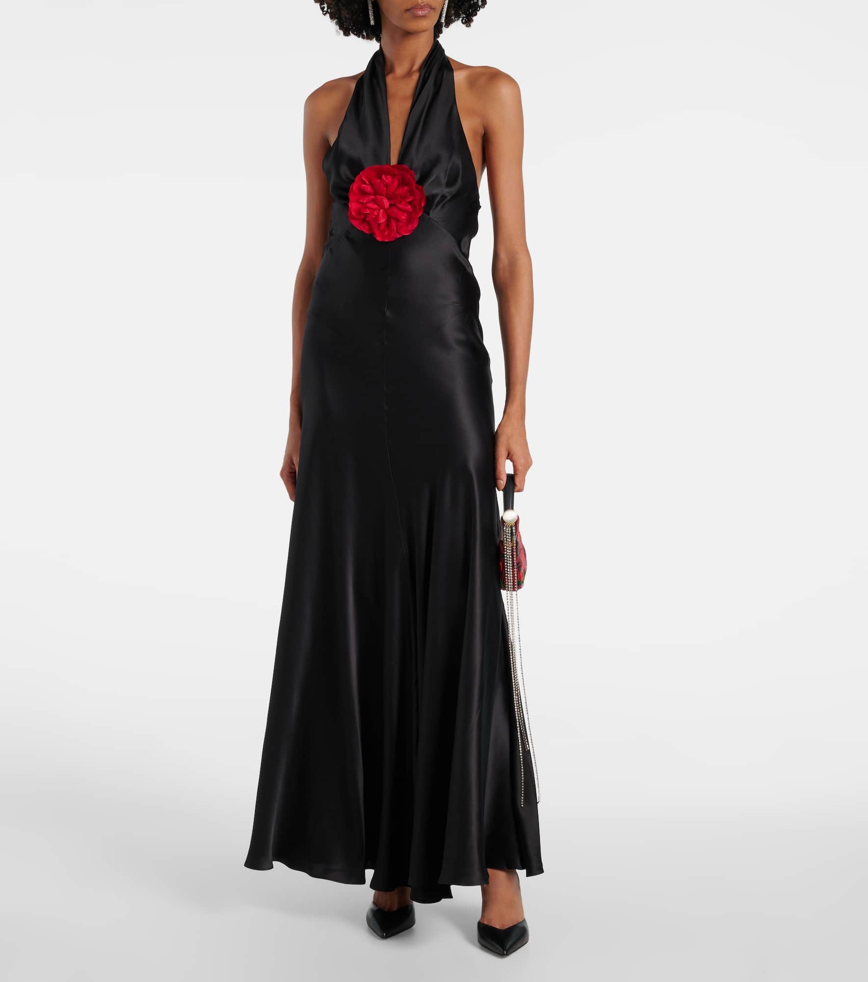 Floral-appliqué silk satin midi dress - 2