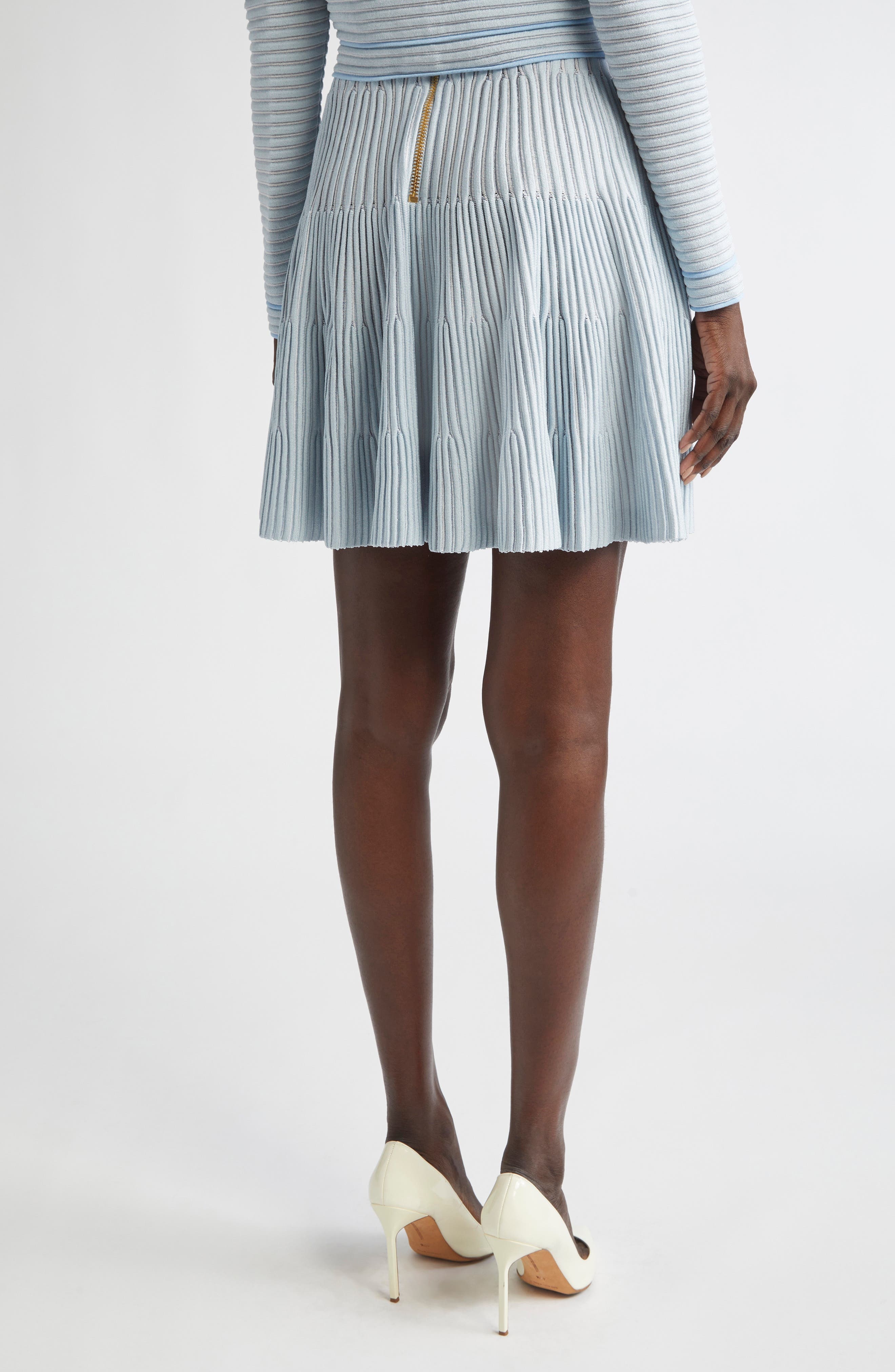 Balmain Textured Knit Flared Skirt in Blue/White at Nordstrom - 3
