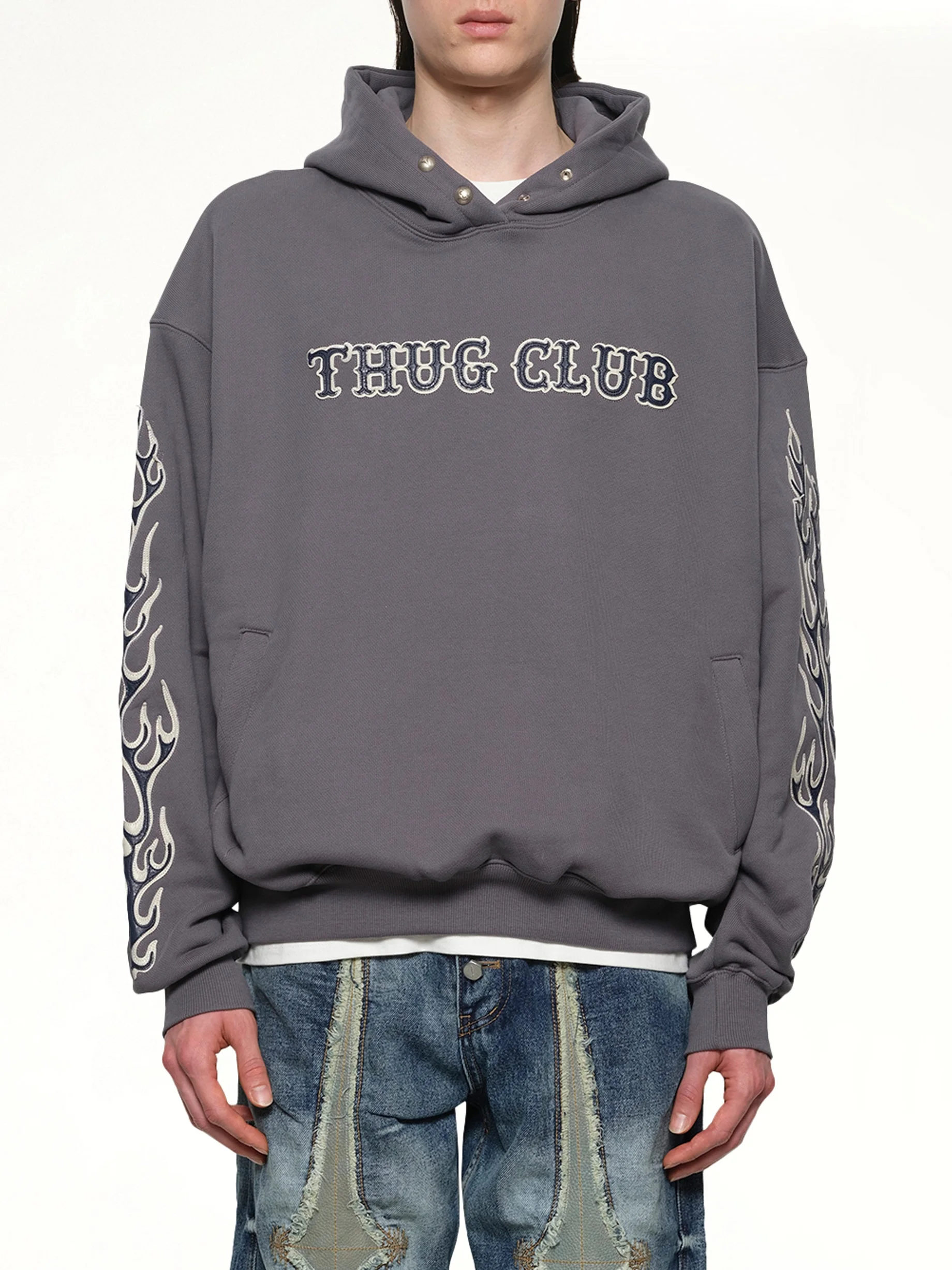 Leather Flame Hoodie in Grey - 1