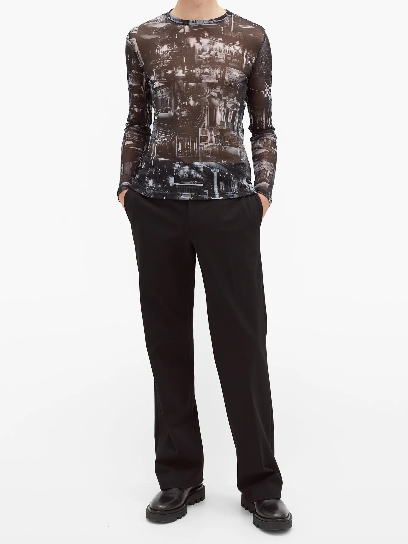 Printed sheer mesh long-sleeved T-shirt - 2