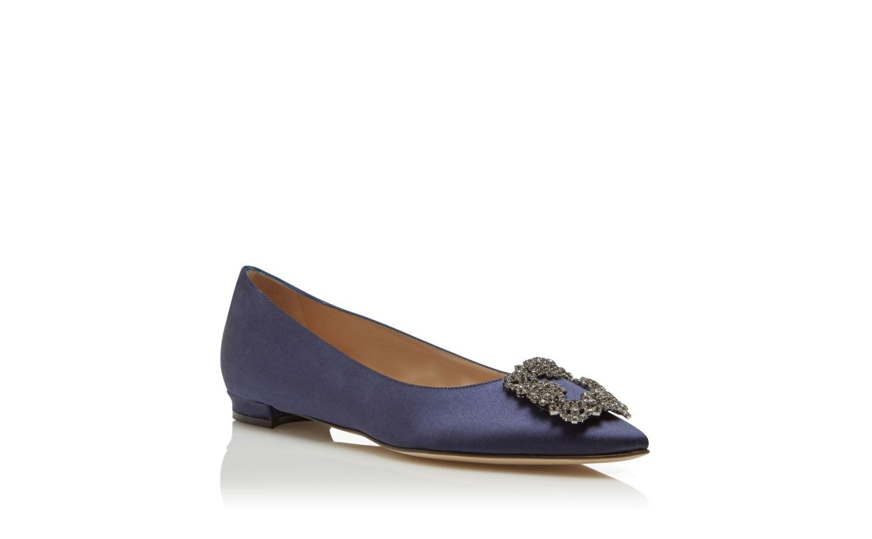 Navy Satin Jewel Buckle Flat Shoes - 3