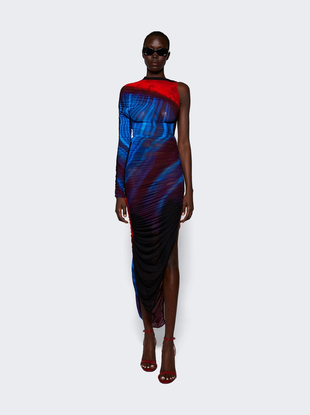 Asymmetric Sheer Dress Blue And Red - 2