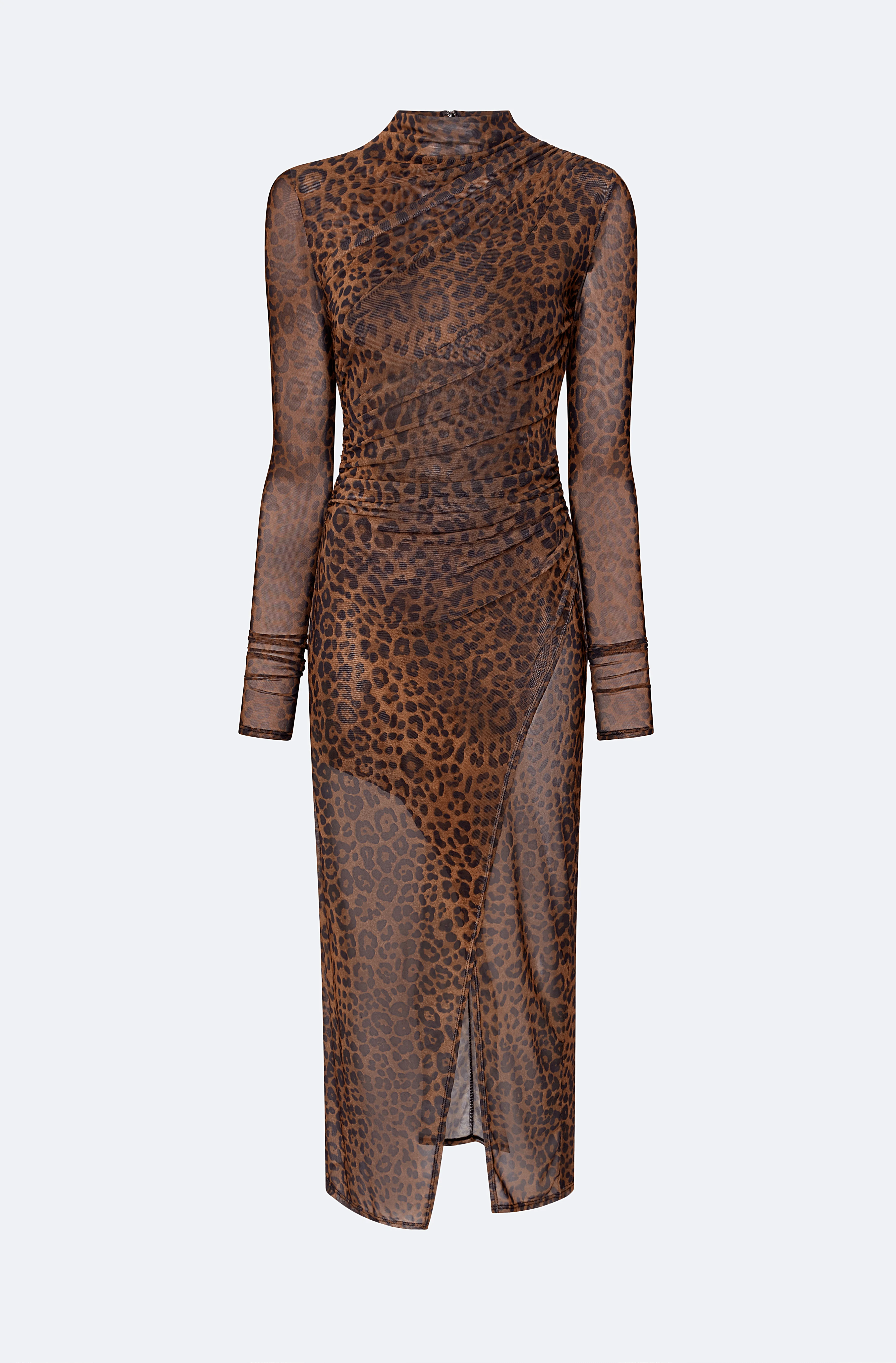 Printed Mesh Mesh Draped Midi Dress - 1