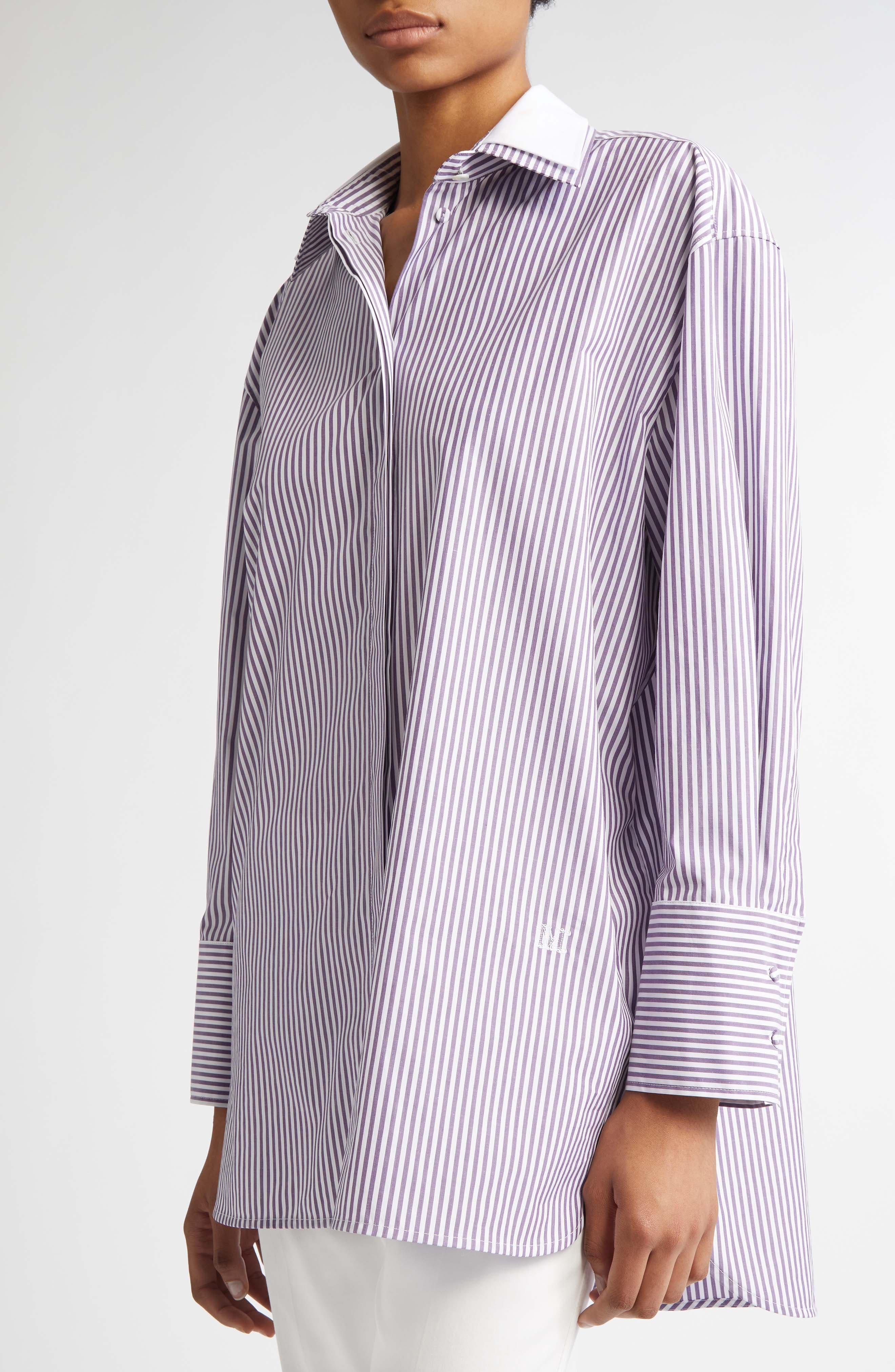 Max Mara Tubinga Stripe Stretch Cotton Button-Up Shirt in Purple at Nordstrom - 4