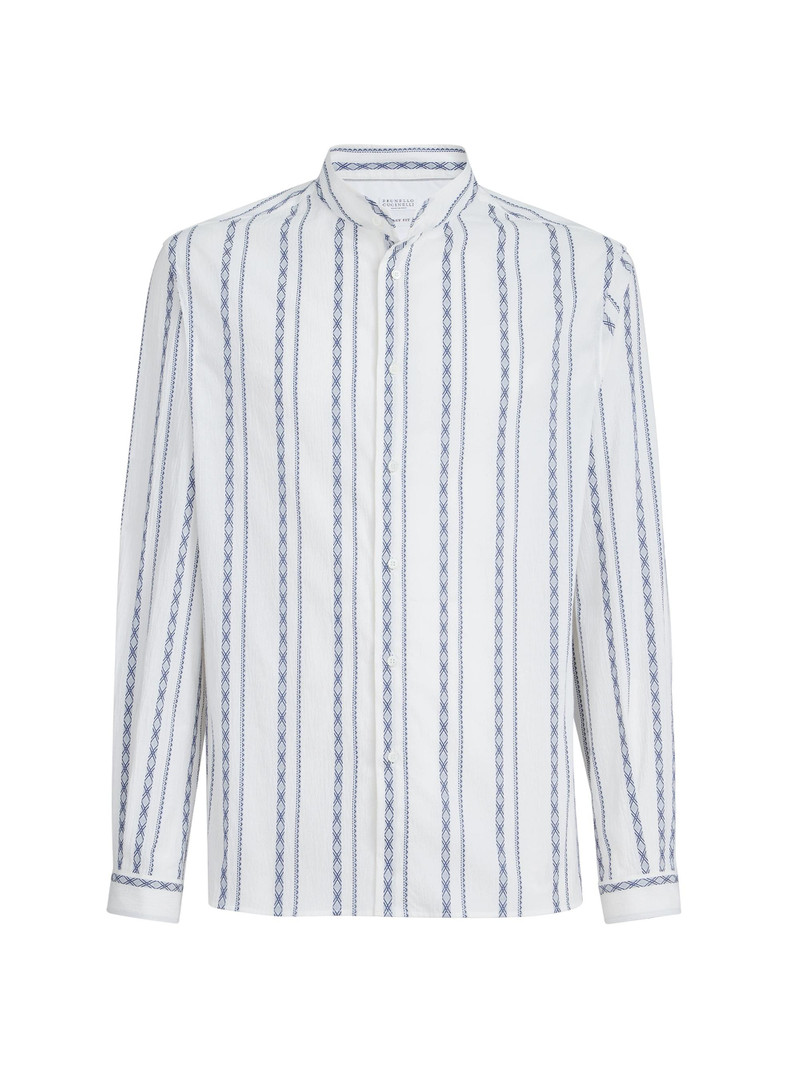 Men's Ethnic Stripe Seersucker Easy Fit Shirt with Mandarin Collar - White 1