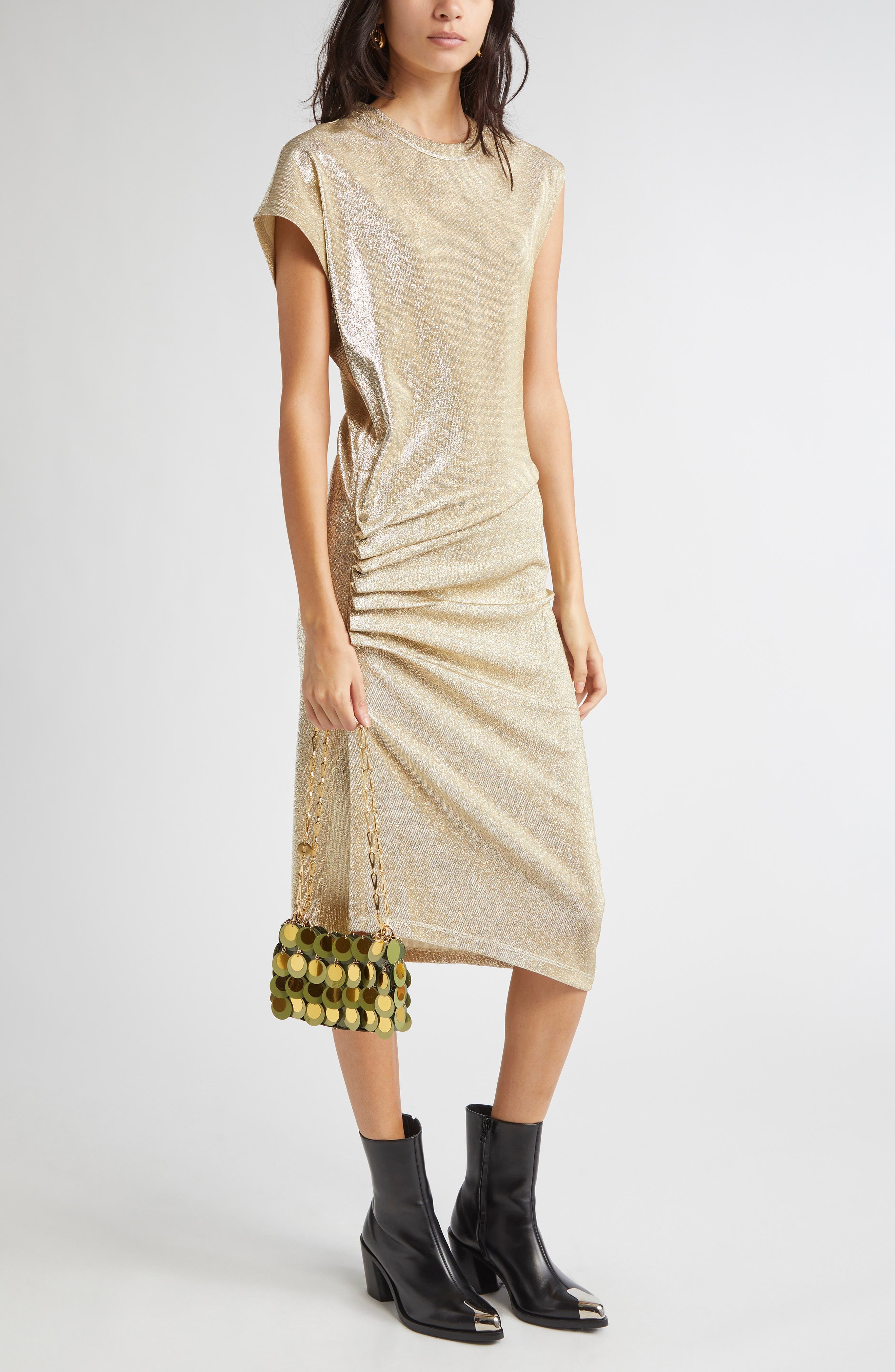 Rabanne Drapé Pression Metallic Knit Dress in Silver /Gold at Nordstrom - 1