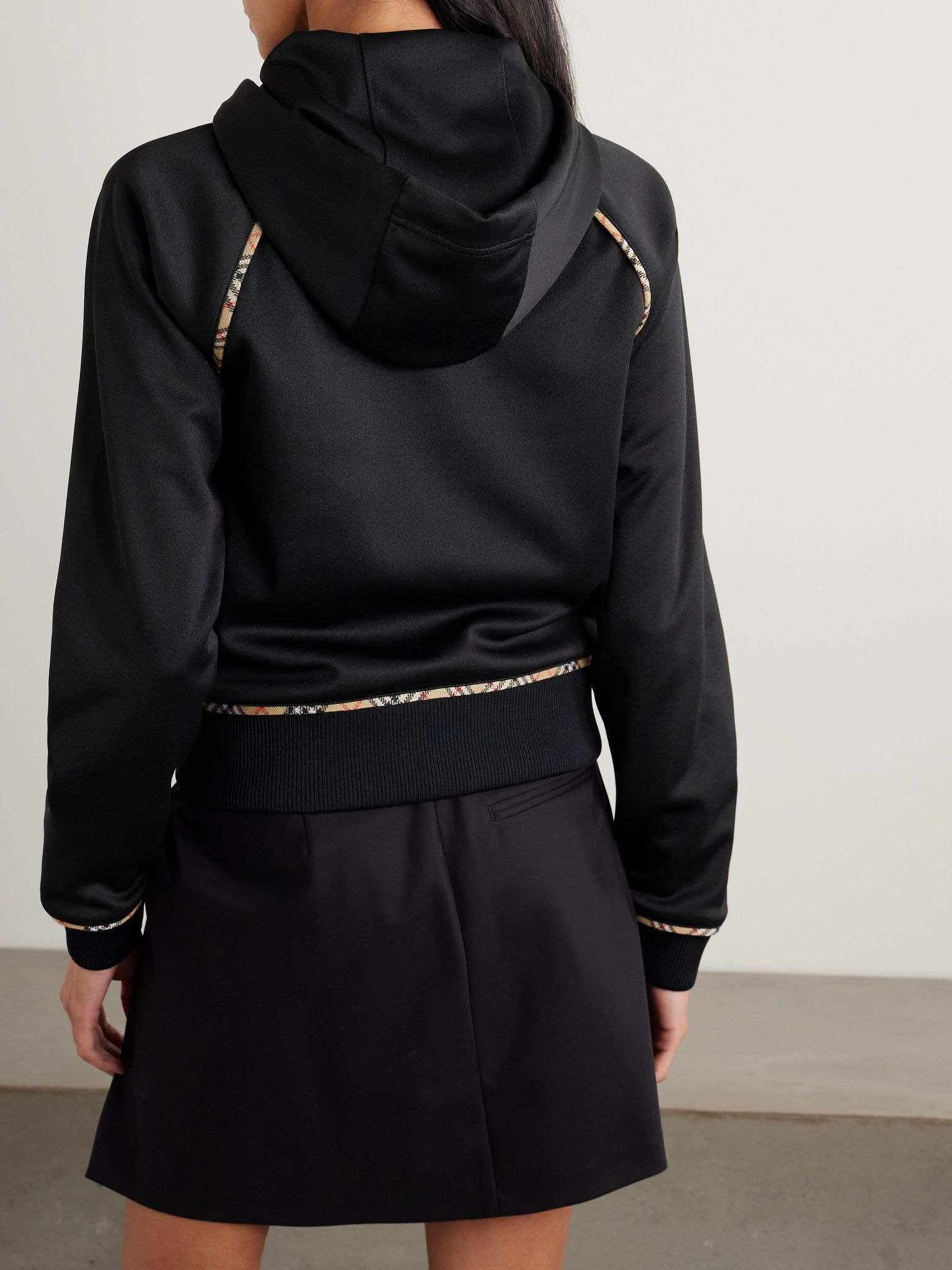 Checked piqué-trimmed jersey hooded track jacket Black - 4
