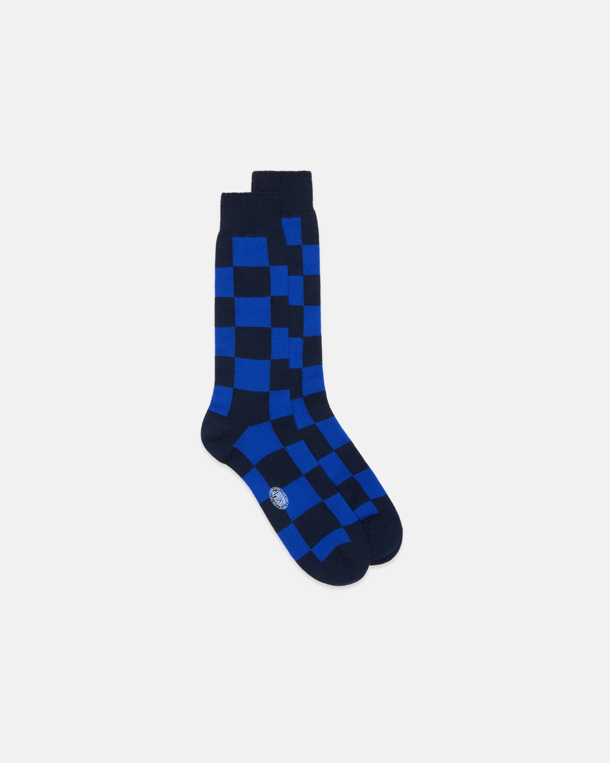 MADE-IN-ITALY NAVY & BLUE CHECKERBOARD MID-CALF WOOL SOCKS - 1