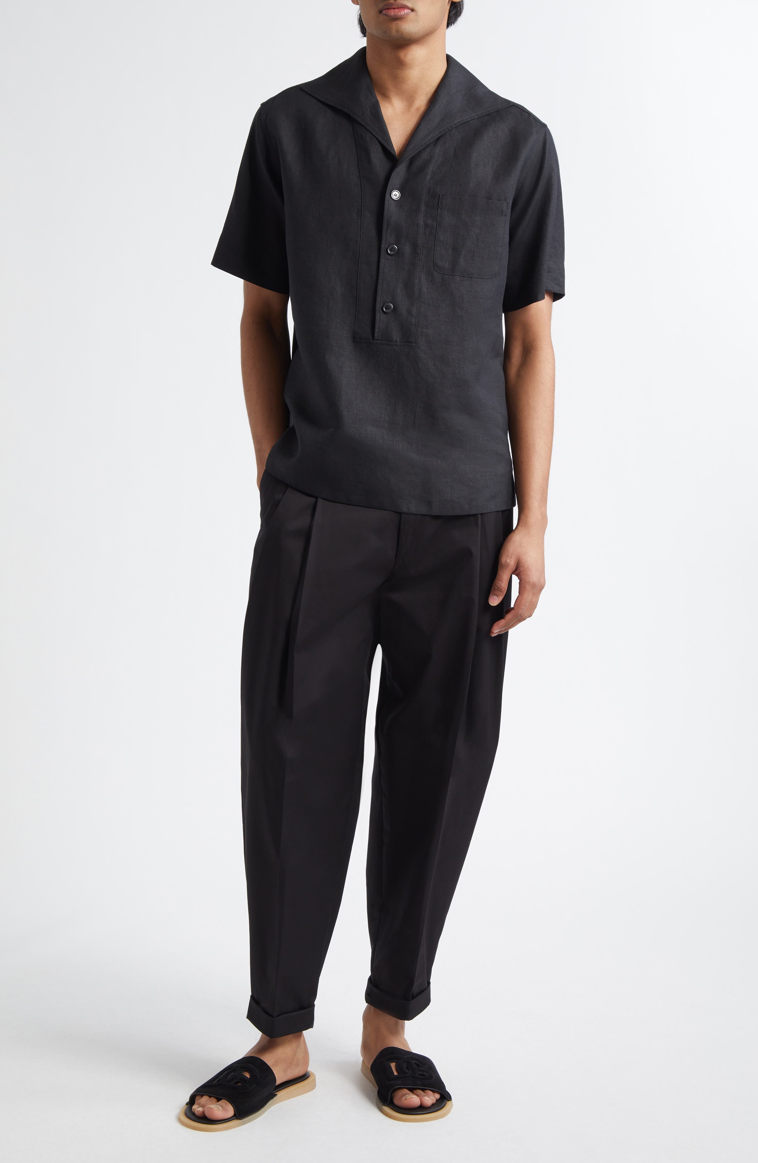 Dolce&Gabbana Short Sleeve Linen Shirt in N0000 Black at Nordstrom - 2