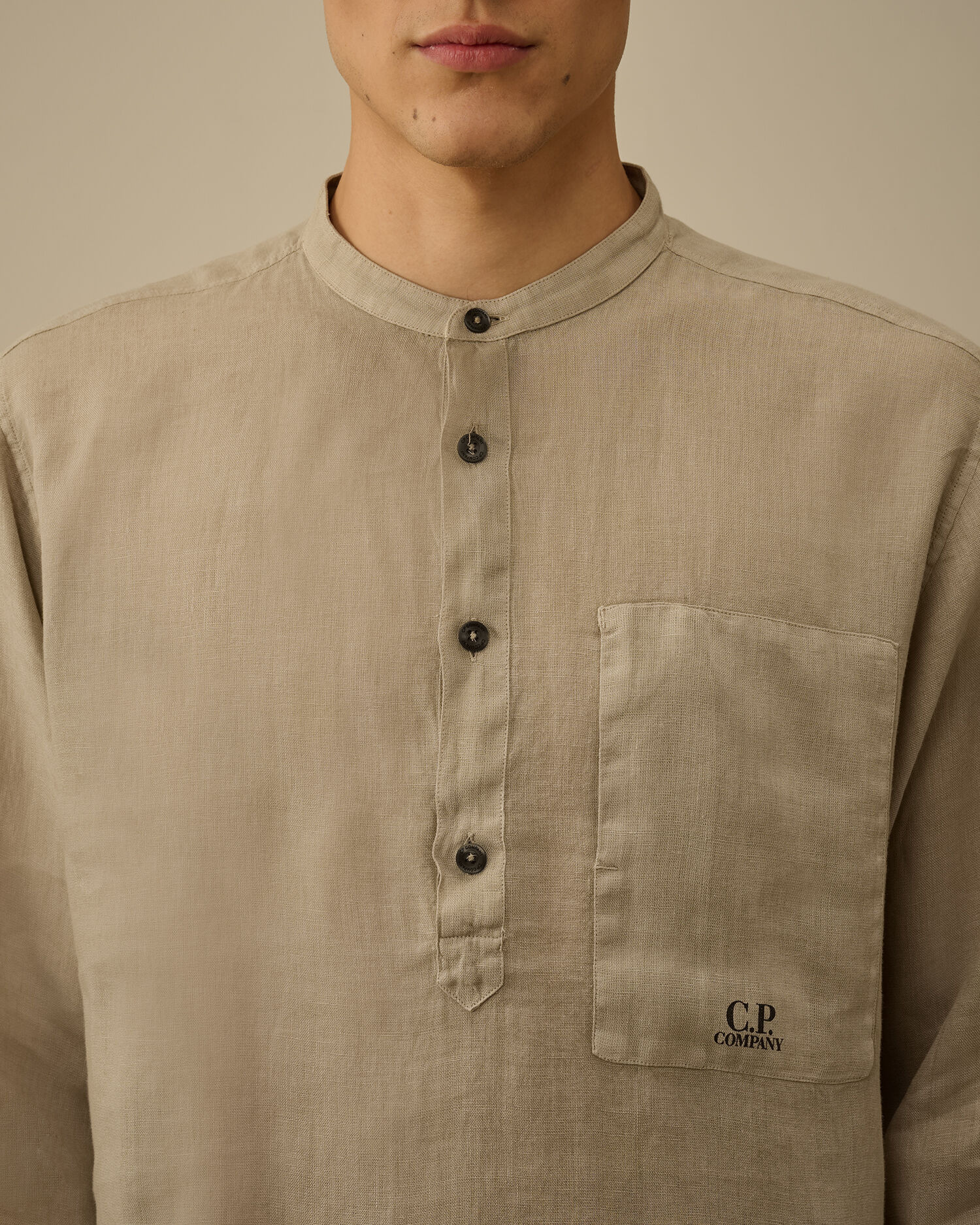 Linen Banded Collar Shirt - 5