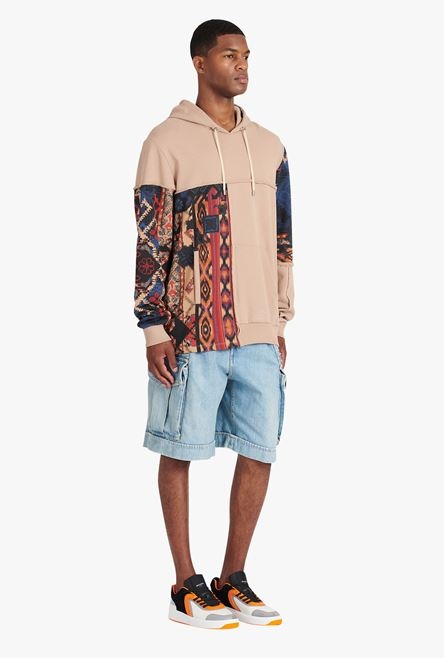 Beige cotton sweatshirt with multicolor patchwork print - 7