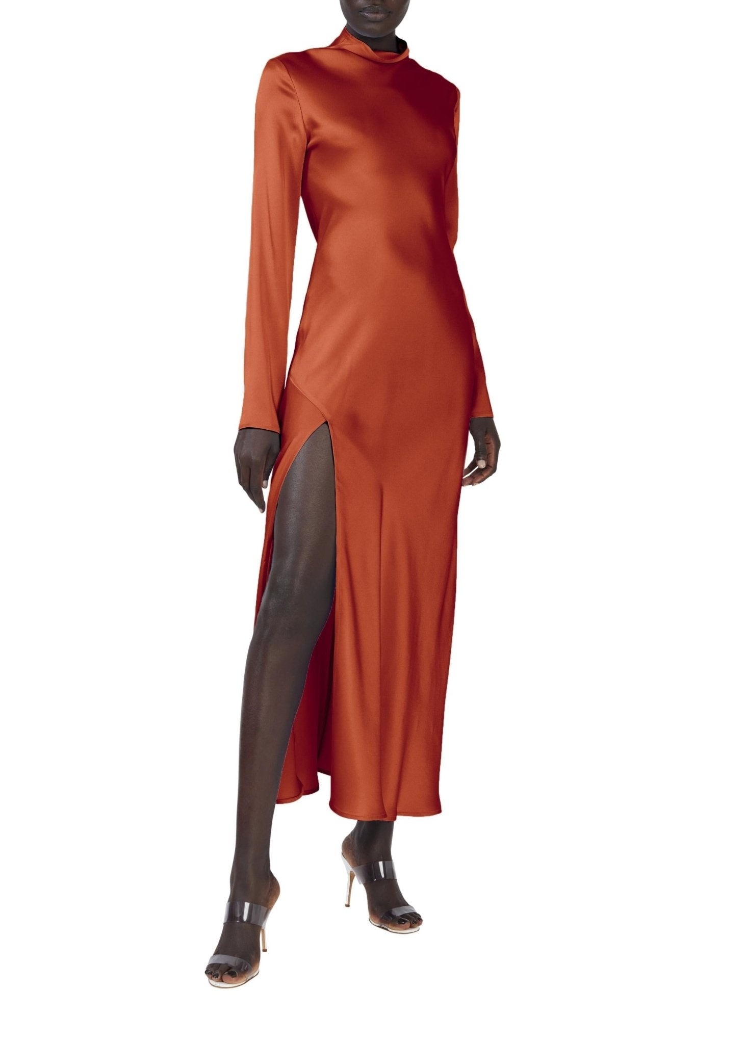 Satin Draped Neck Bias Dress With Slit - 3