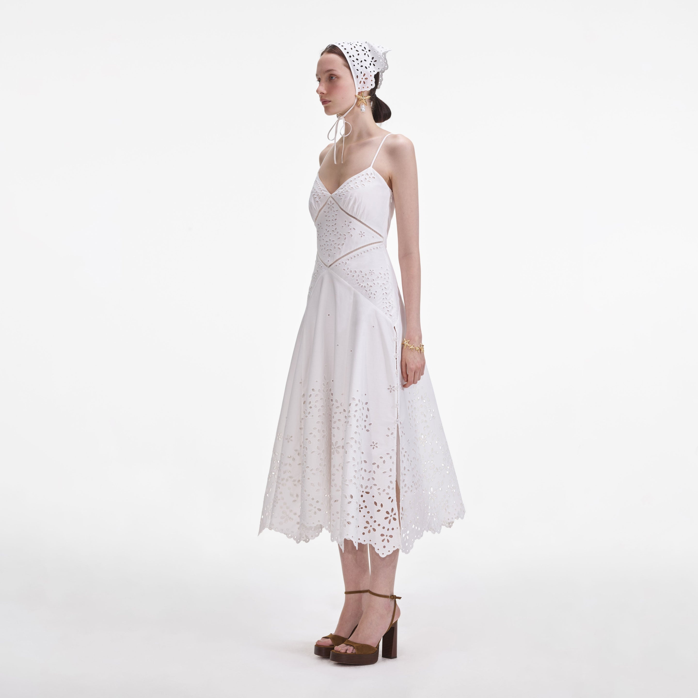 White Cotton Embroidered Midi Dress - 2